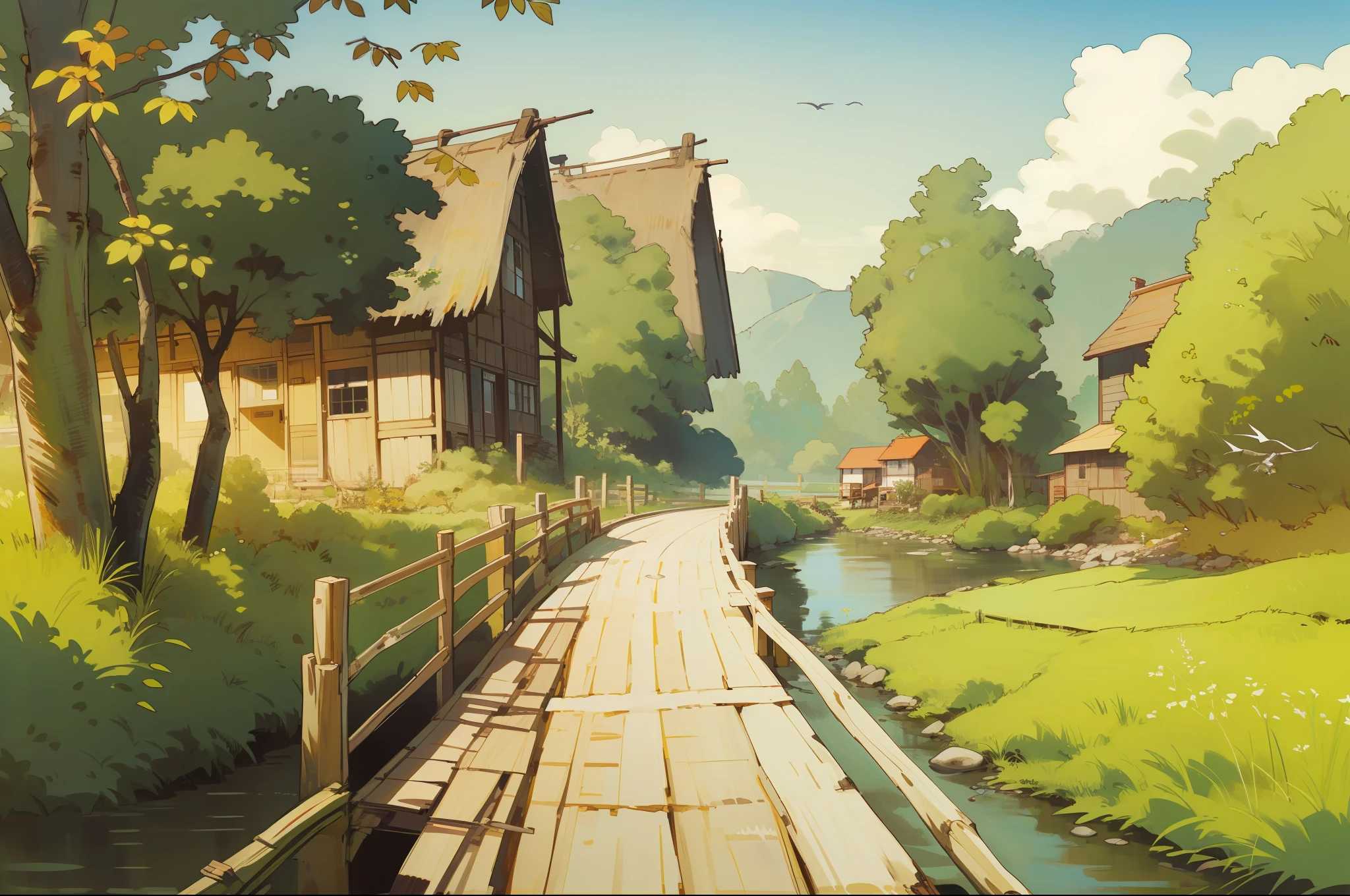 (((best quality))), small old farm house by a river, wooden bridge, birds, trees, reed