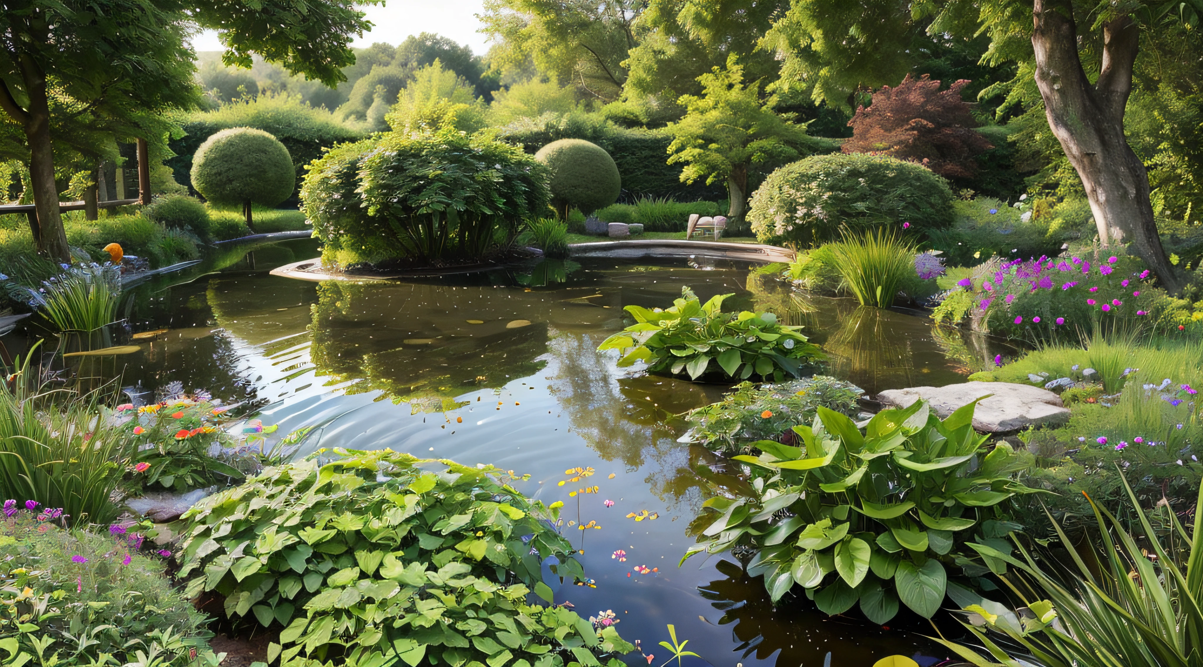 Secret garden with lake and lush flora, ultra HD