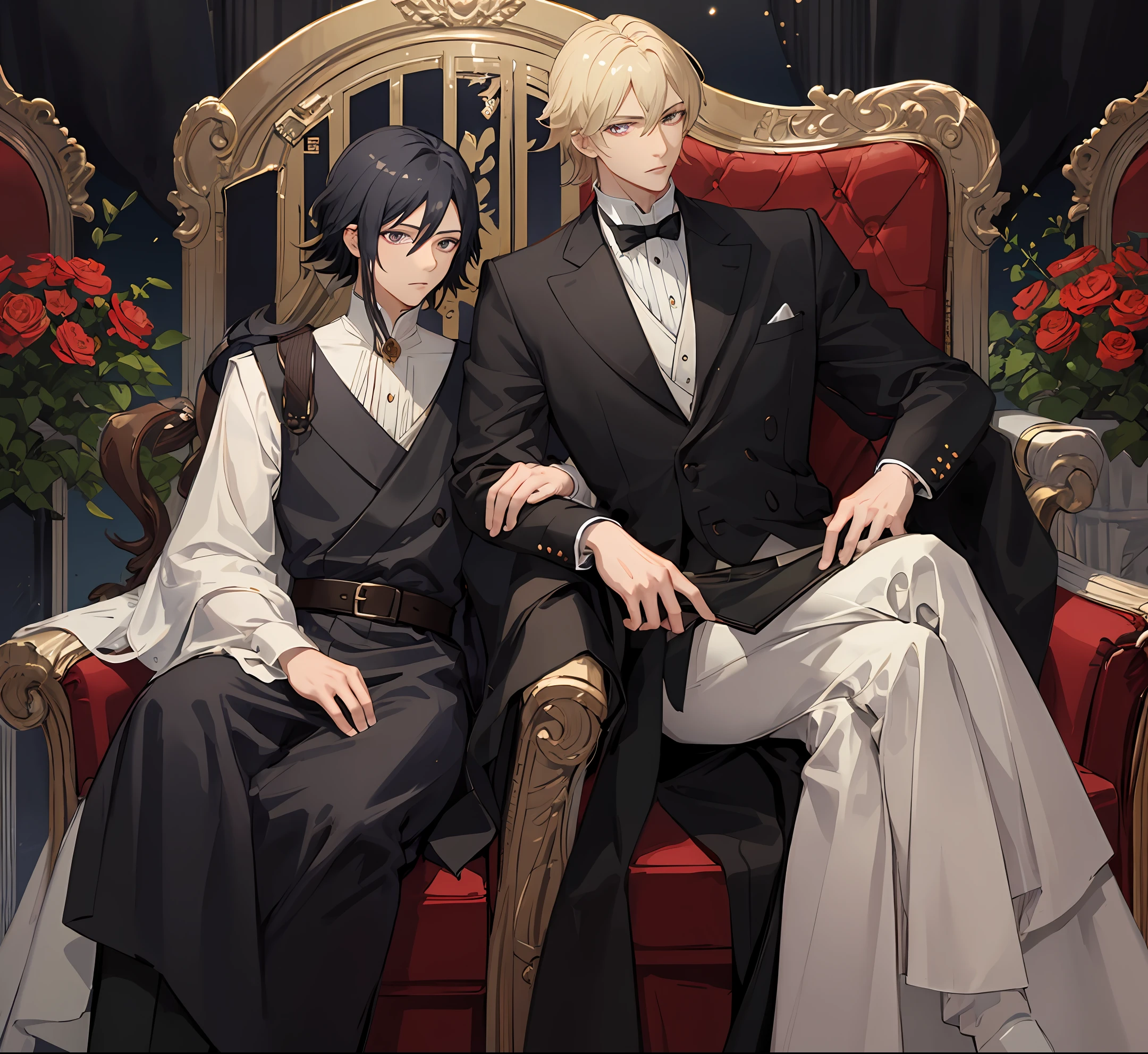 masterpiece, best quality, 1 man, adult, handsome, tall and muscular boy, broad shoulders, finely detailed eyes and detailed face, short black hair, sasuke, onyx color eyes, aristocrat, magnificent background, shadow effect, throne, fantasy, 18th-century European aristocratic style, noble, garden, baroque, he is accompanied by a woman with blond hair, anime,