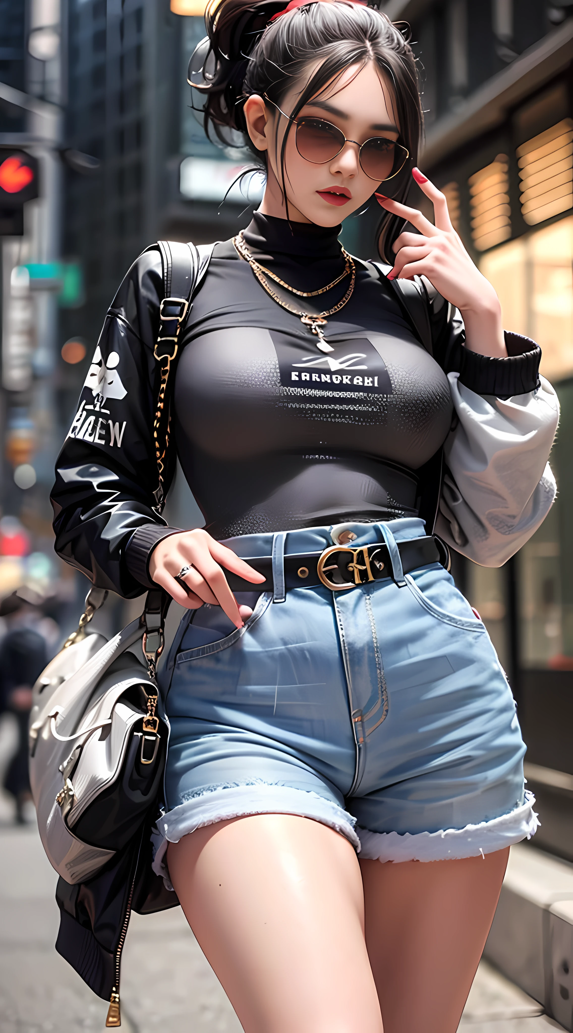 Ultra high quality，8K，gal girl，Sexy and feminine, high and cold，Enchanting，The head proportions are perfect，Gray high ponytail，Wear a sweatshirt monogram print, High Waist Shorts，Flaming red lips，Swan neck，neck chains，sun is shining brightly，With sunglasses，