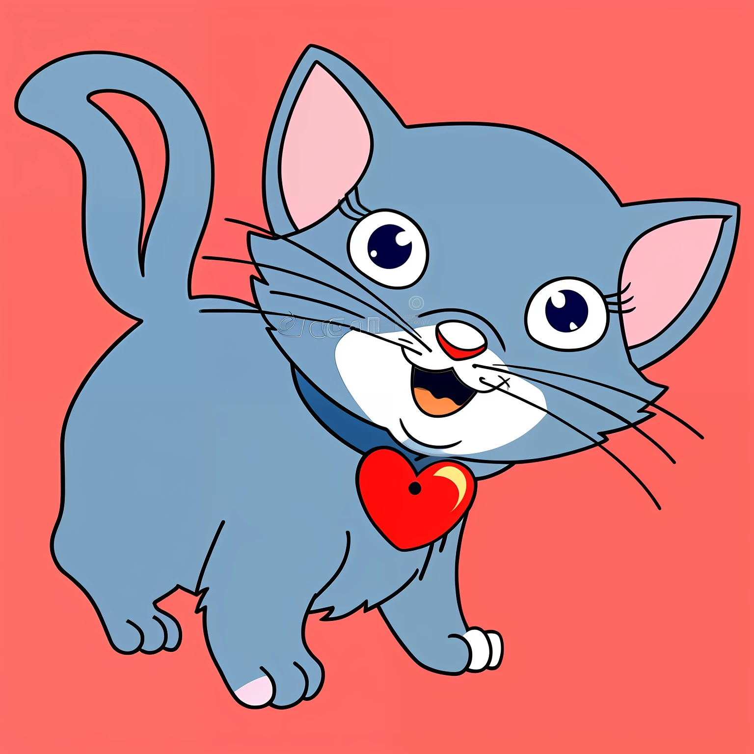 cartoon cat with a red heart in its mouth, illustration of a cat, A cute cat, the cat is smiling, Cute cat, happy cat, anthropomorphic female cat, fat chibi grey cat, Kawaii cat, anime visual of a cute cat, anime cat, a cat is smiling, anthropomorphic cat, cute cartoon character, very beautiful cute catgirl