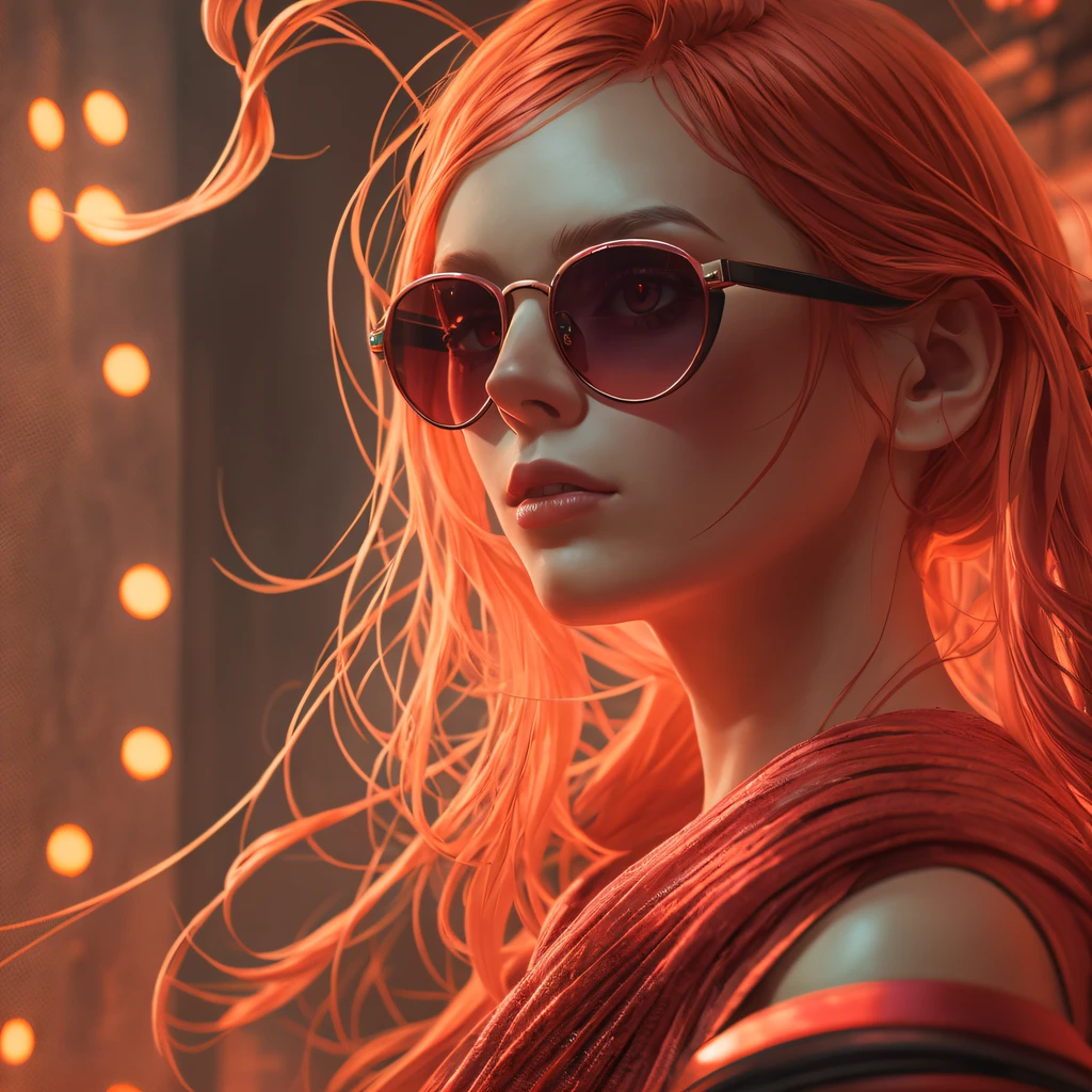 ultra far away, art by Jeremy Mann, ultra real, ultra un-zoomed, perfect body, ultra wide angle full body shot =) ultra warm pink-orange lighting, photo of a pretty cute ginger that stands ultra far away from viewer, ultra slim synth wave fully orange-pink sunglasses, cinematic, insane details, intricate details, hyperdetailed, rubber glow, wearing a glowing rubber cloths, a synth wave city on the background, art by Jeremy Mann, ultra real photo