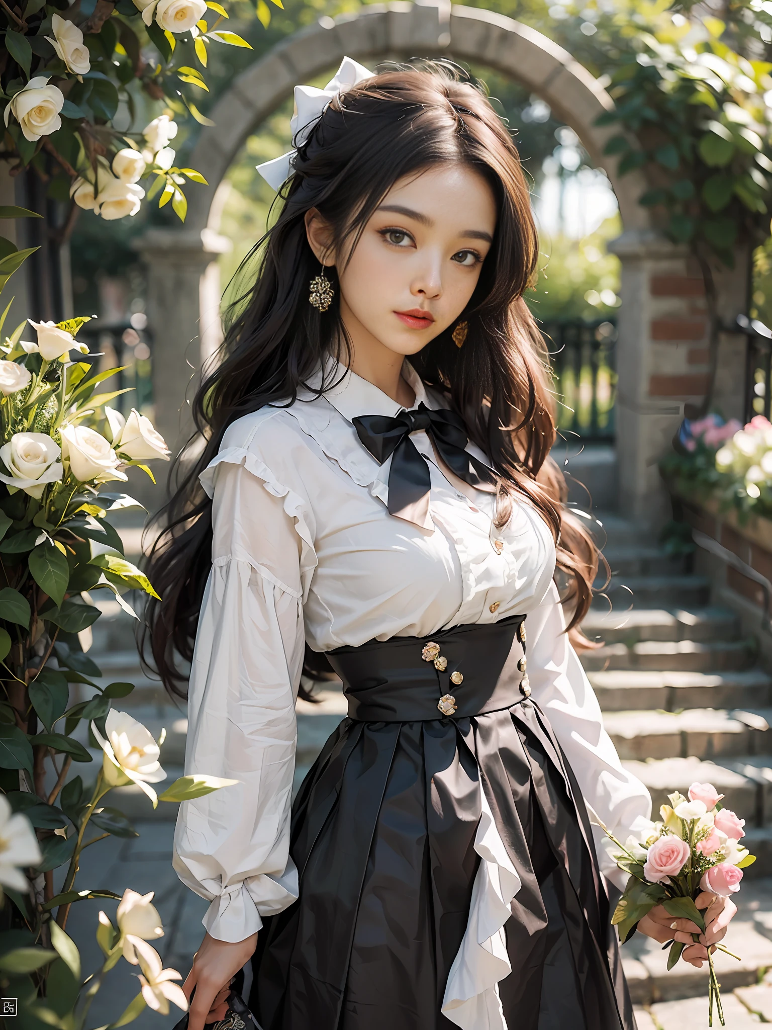 (masterece-piece:1.3)、(8k、photorealestic、RAW Photography、best qualiy: 1.4)、(1girl)、Shallow depth of field、My face is in focus.、softfocus、beautifulface、(contre-jours:1.5)、(Ambient:1.3)、(realistic faces)、(blackhair、Medium Short:1.3)、realistic eye、Dark brown eyes、Highlights in the eyes、Beautiful details、(Plenty of natural light)、（lifelike skin）、Beautiful skin、irresistible、ultra-highres、ultra realistis、high-detail、the golden ratio、One woman with a faint smile、full full body、Pure white smooth and shiny silk socks、Standing in front of garden arch with bouquet of flowers、Loosely wavy hair、ponie tail、Braiding、Ribbons in the hair、Floral blouse with ruffles、bowtie、Blue skirt