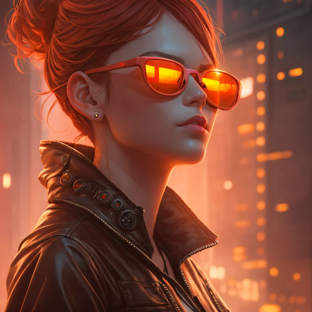 ultra far away, art by Jeremy Mann, ultra real, ultra un-zoomed, perfect body, ultra wide angle full body shot =) ultra warm pink-orange lighting, photo of a pretty cute ginger that stands ultra far away from viewer, ultra slim synth wave fully orange-pink sunglasses, cinematic, insane details, intricate details, hyperdetailed, rubber glow, wearing a glowing rubber cloths, a synth wave city on the background, art by Jeremy Mann, ultra real photo