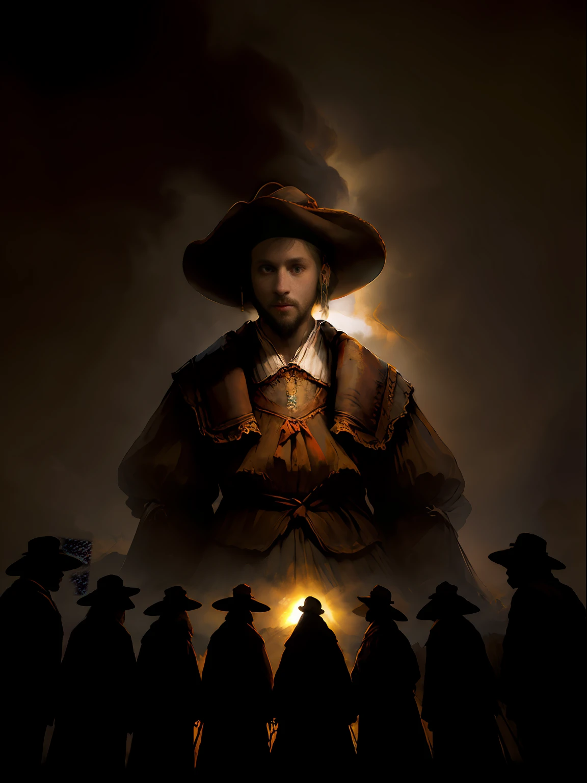 Obra maestra, alta calidad, Un hombre decidido se destaca entre una multitud de hombres y mujeres, Dutch Masters lighting, (Al estilo de Rembrandt:1.2), dramatic chiaroscuro, colores ricos, atmospheric depth, masterful technique