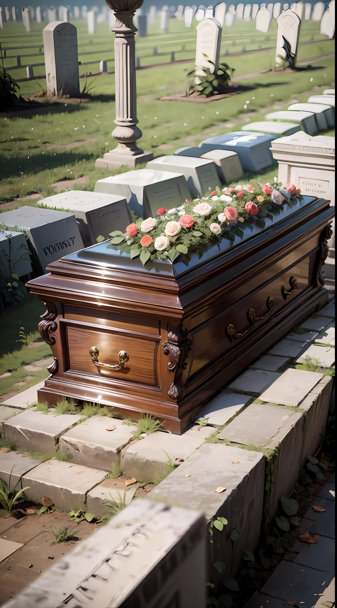 coffin in the middle of the photo, grave, sad moment, people crying around the coffin, wearing black