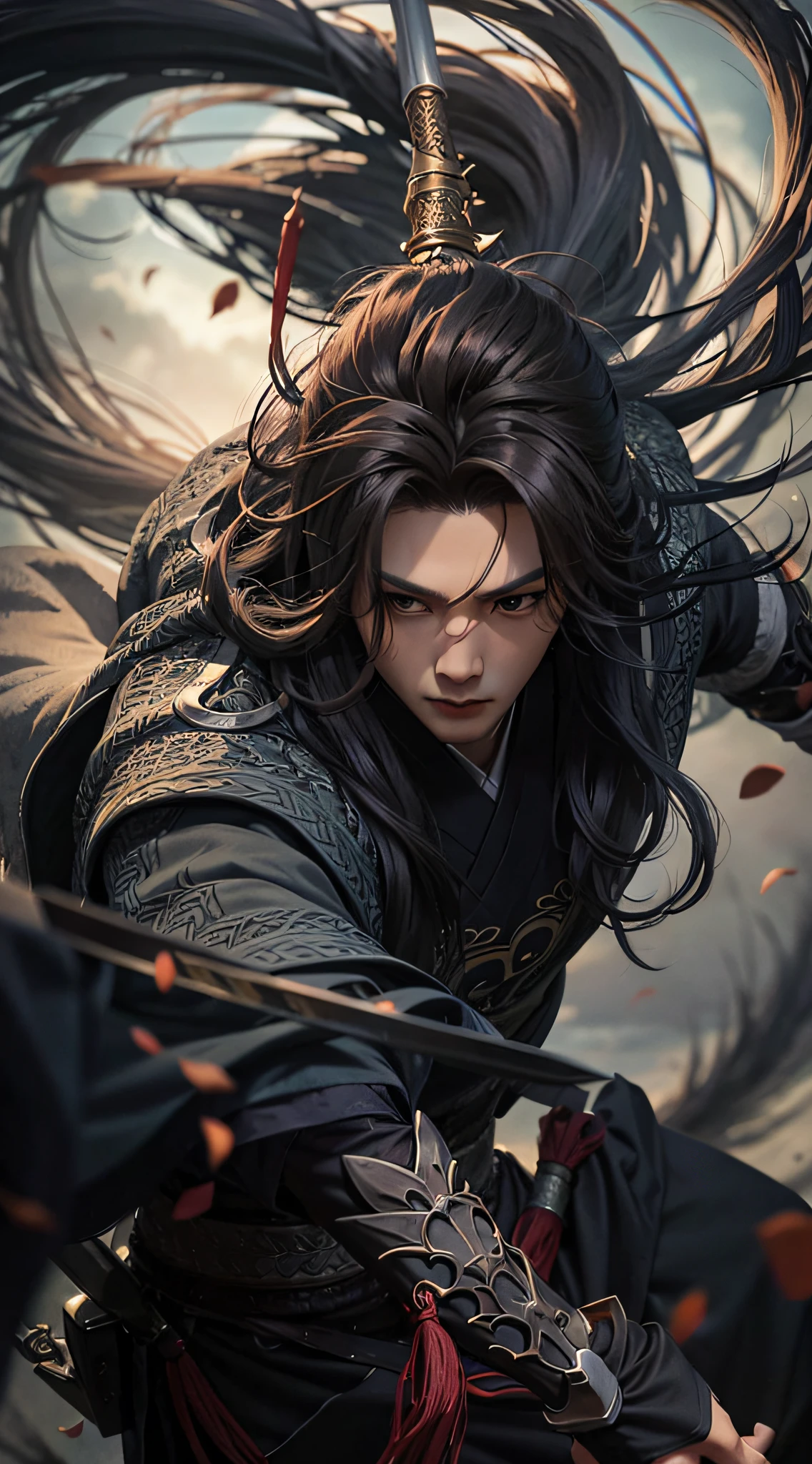 A warrior,long way hair,Hanfu,Robe,Sword,Handsome face shape,Lifelike:1.2