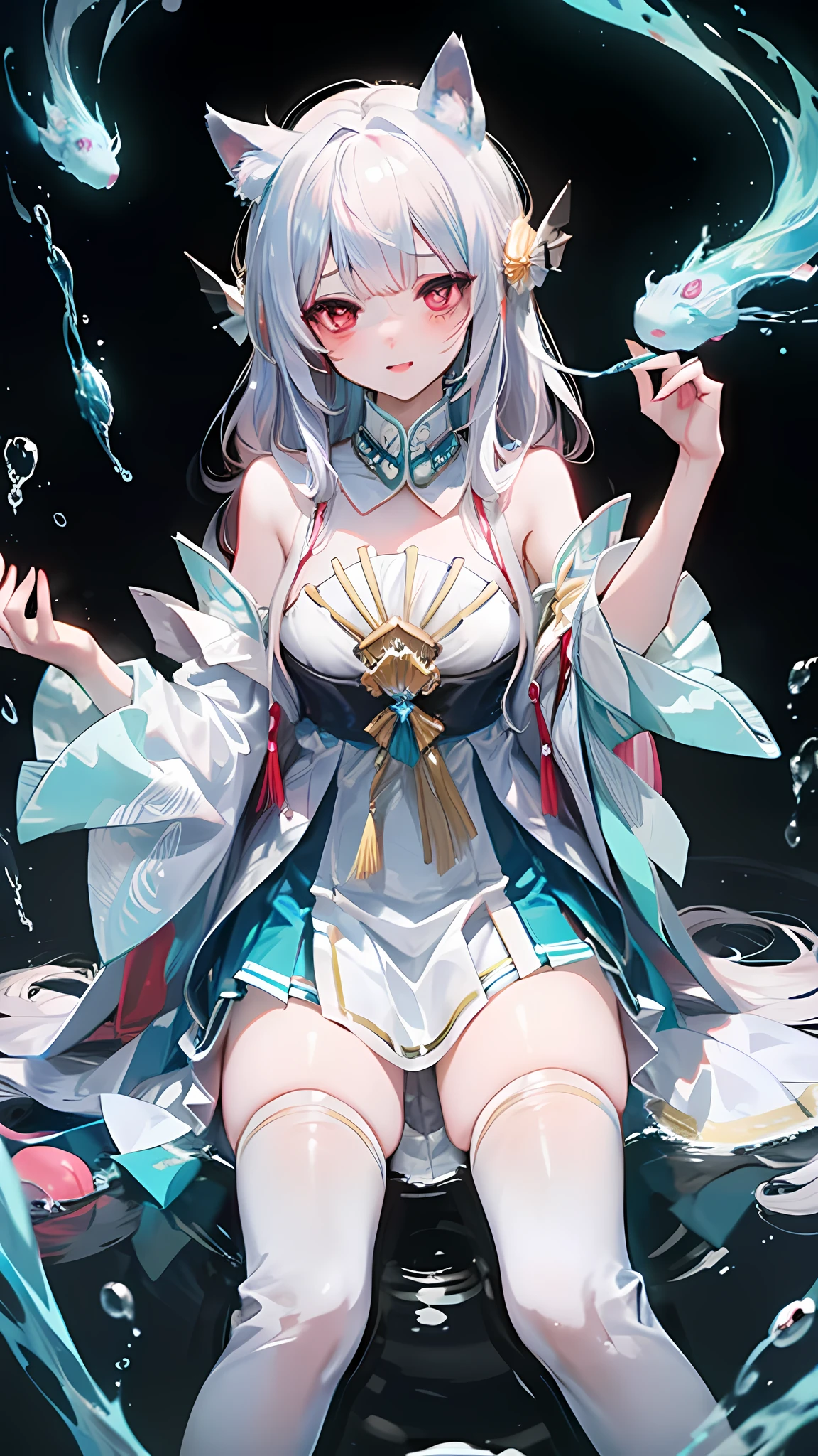 Long head with white hair, cute, red eyes, low cat ears, blushing, vaginal water, making sounds, panting, , white stockings, skirt pulled up, leaking out of the lower body