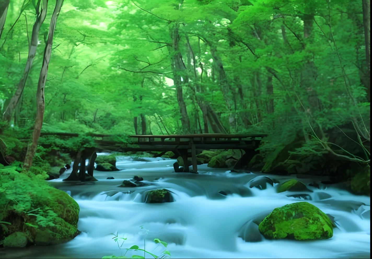 Green Tree々The Allahed Bridge spans a creek in a forest, japan lush forest, japan nature, beautiful flowing feeling, river in a forest, river with stunning water, forest and river, in serene forest setting, serene environment, gentle sparkling forest stream, water stream, anime nature wallpap, river in a forest, nature wallpaper, beautiful forest scenery, river stream