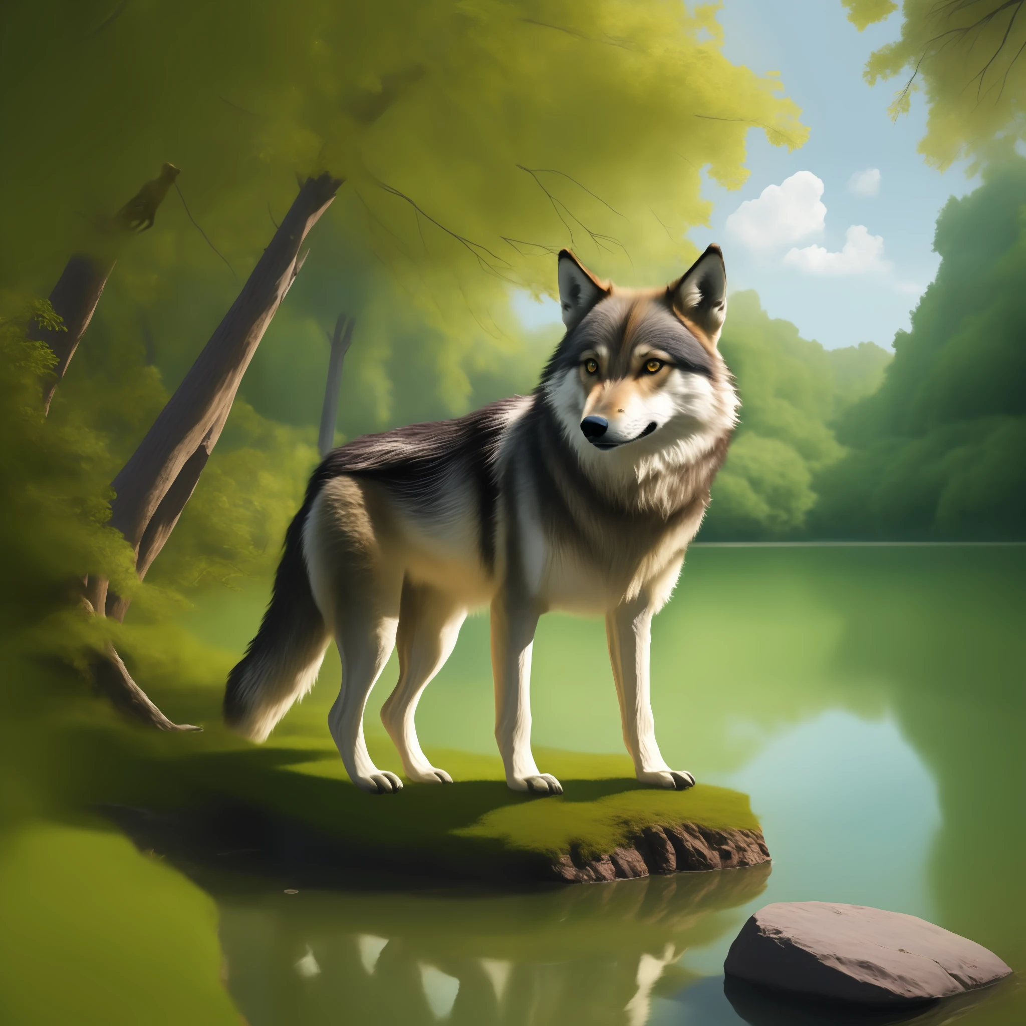Painting of a wolf standing on a rock by a lake, Guardian of the Sacred Lake, Arte digital altamente detalhada em 4k, por Jason Benjamin, pintura digital altamente detalhada, high detailed illustration, grande lobo, arte detalhada de alta qualidade 8K, Marcos Adamus, high detailed illustration, arte digital altamente detalhada em 3d