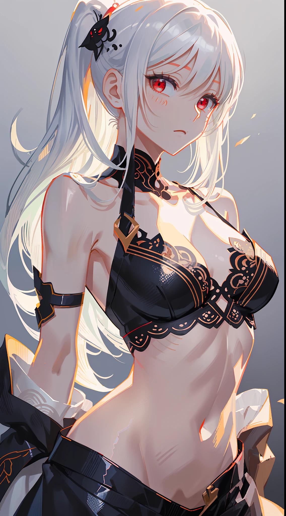 cropped torso upper body,Perfect female body,side pony tail,White hair,Red eyes,arms behind her back，Stand，fcollarbone，fnaked，Medium breasts，((White background)),(((detailed manga illustration))),(((intricated detailed))),masterece-piece