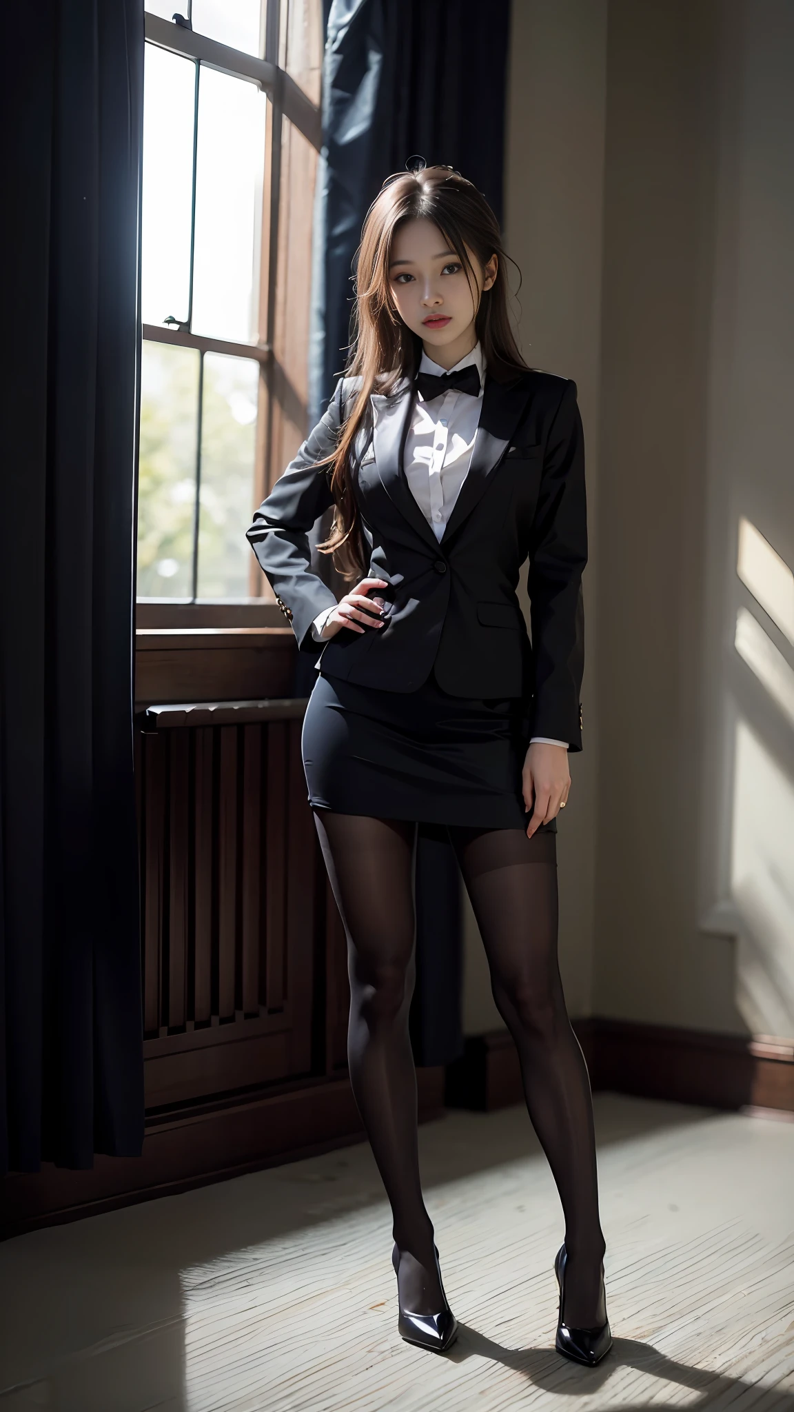 （The Masterpiece，best qulity，greatly detailed，8K，Wallpapers，ultra-details），（RAW photos：1.2），
1girls， 独奏，inside room， Small head， Black pantyhose， Skirt that wraps hips， Business suit，High-heeledshoes，full full body,