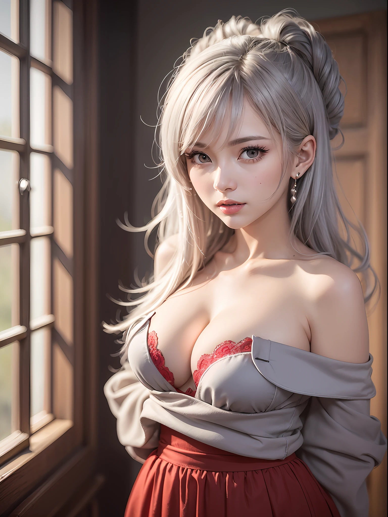 bronya zaychik (silverwing n-ex), masterpiece, best quality, ultra-detailed, illustration,(1girl),gray eyes, looking at viewer, close up, (breast focus), (arms behind back:1.2), (breasts out:1.3), (off shoulder:1.1),,dress,red nose,blush
