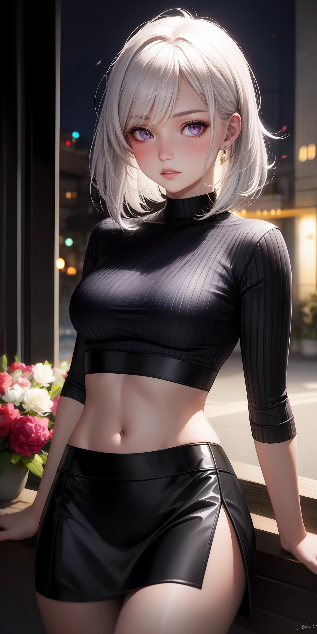 realistic, 1girl, white hair, purple eyes, glowing eyes, crop top, skirt, parted lips, blush, night, flowers, sun, sunlight,