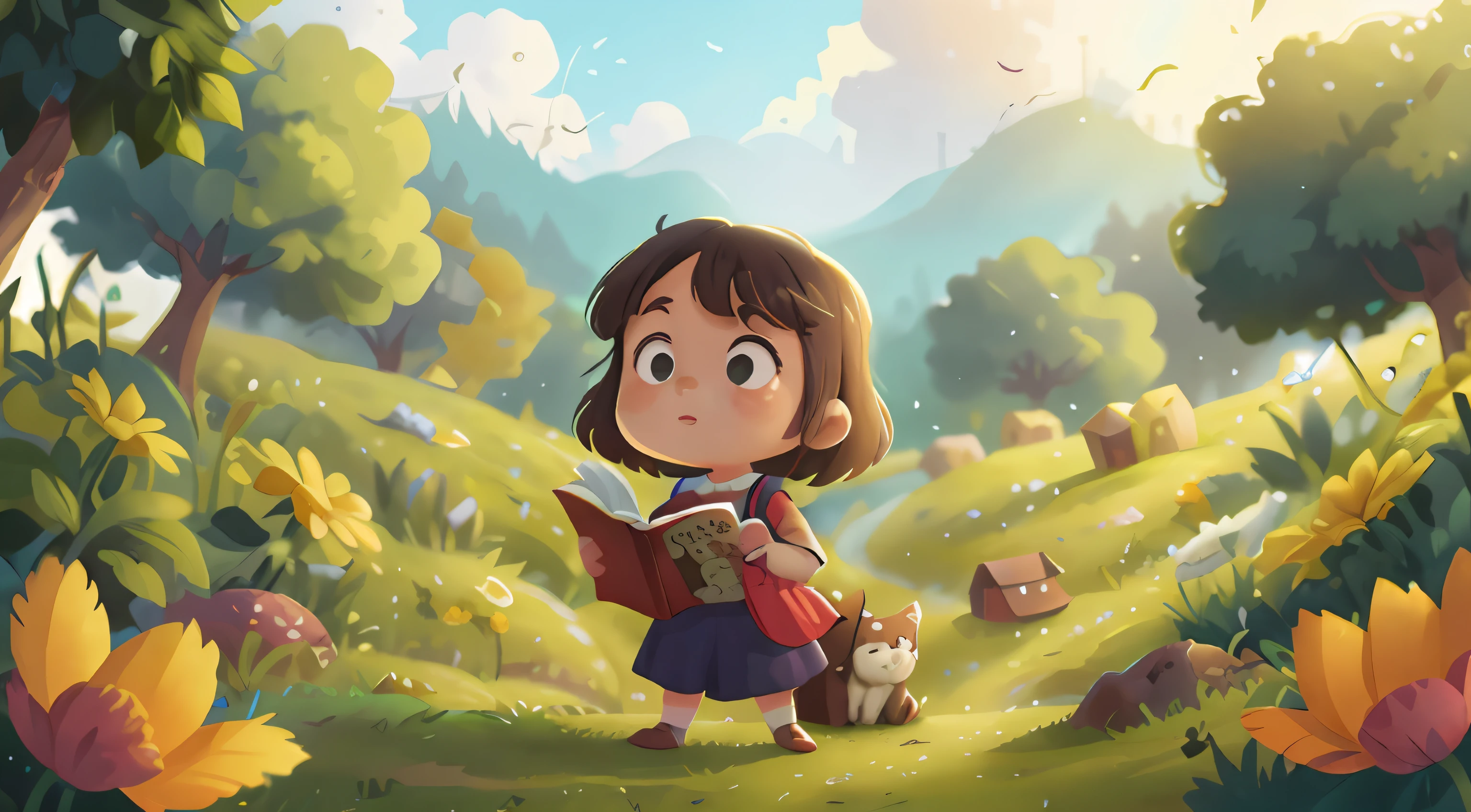 Standing girl, carrega um livro, carrega um livro, carrega um livro, with both hands, with both hands, with both hands, e olha o livro, e olha o livro, e olha o livro.