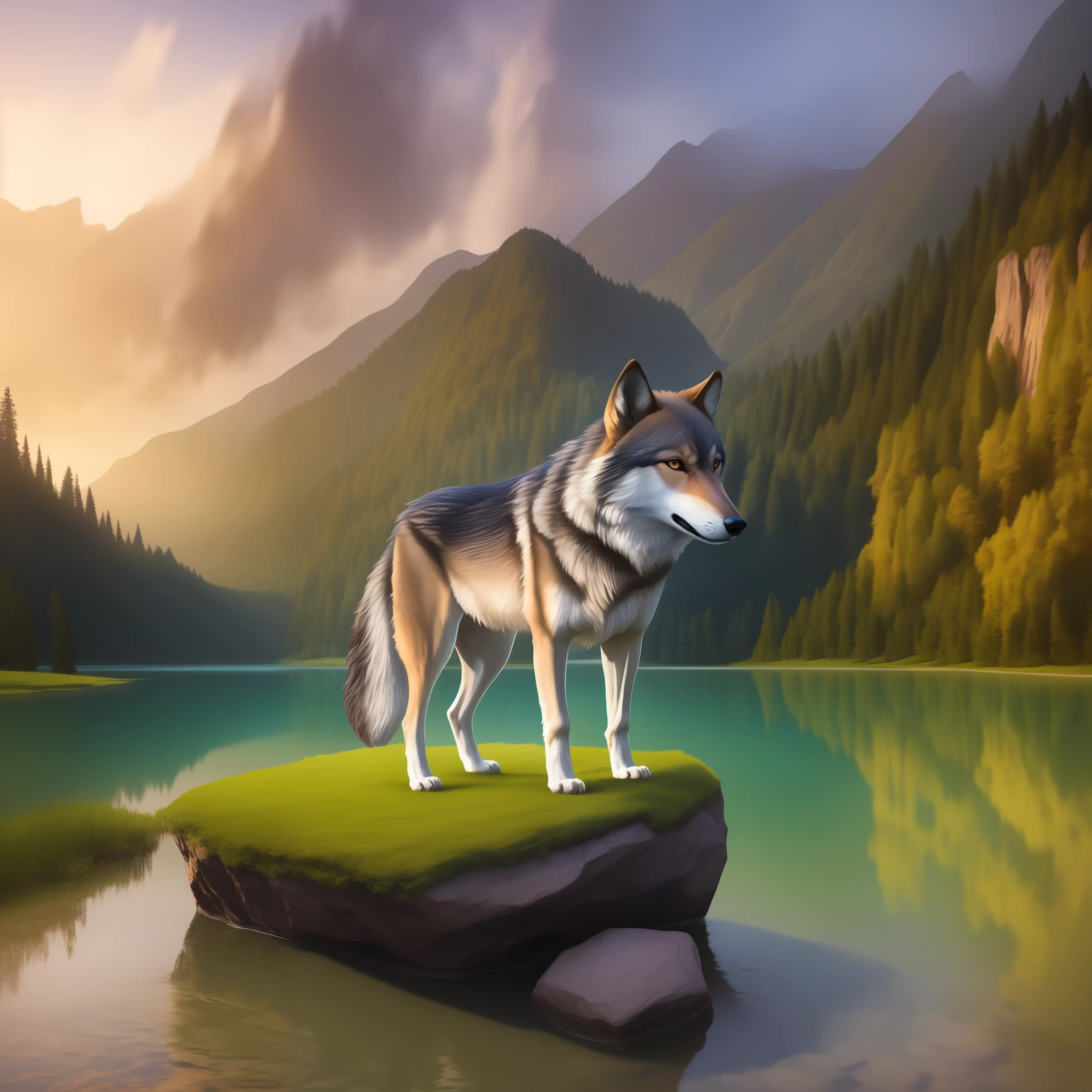 Painting of a wolf standing on a rock by a lake, Guardian of the Sacred Lake, Arte digital altamente detalhada em 4k, por Jason Benjamin, pintura digital altamente detalhada, high detailed illustration, grande lobo, arte detalhada de alta qualidade 8K, Marcos Adamus, high detailed illustration, arte digital altamente detalhada em 3d