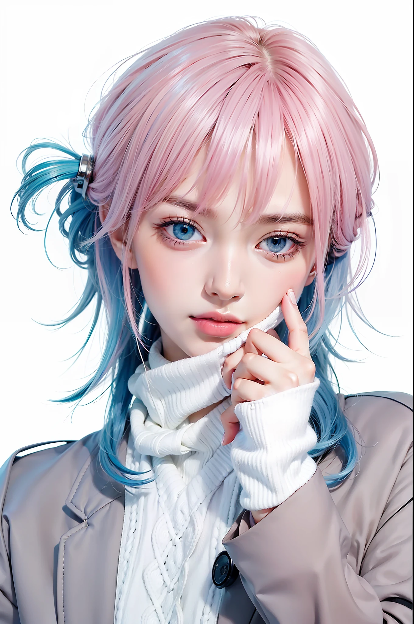 1 girl, pink-blue wolf cut hair, sky blue eyes, white sweater, silver blazer