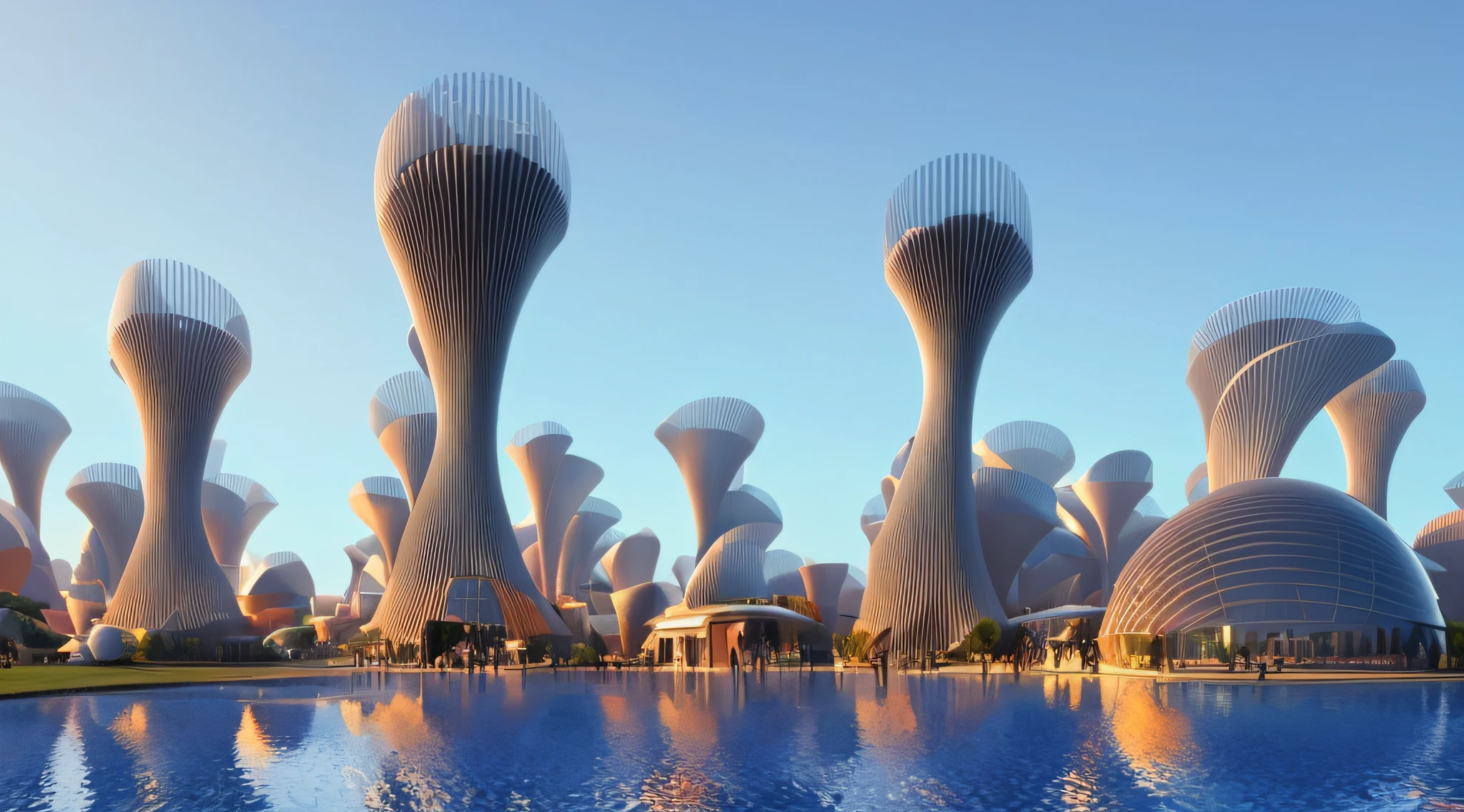 Una ciudad futurista con mucha naturaleza. Design buildings, de metal y cristal. Neones. volumetric lights. volumetric clouds.