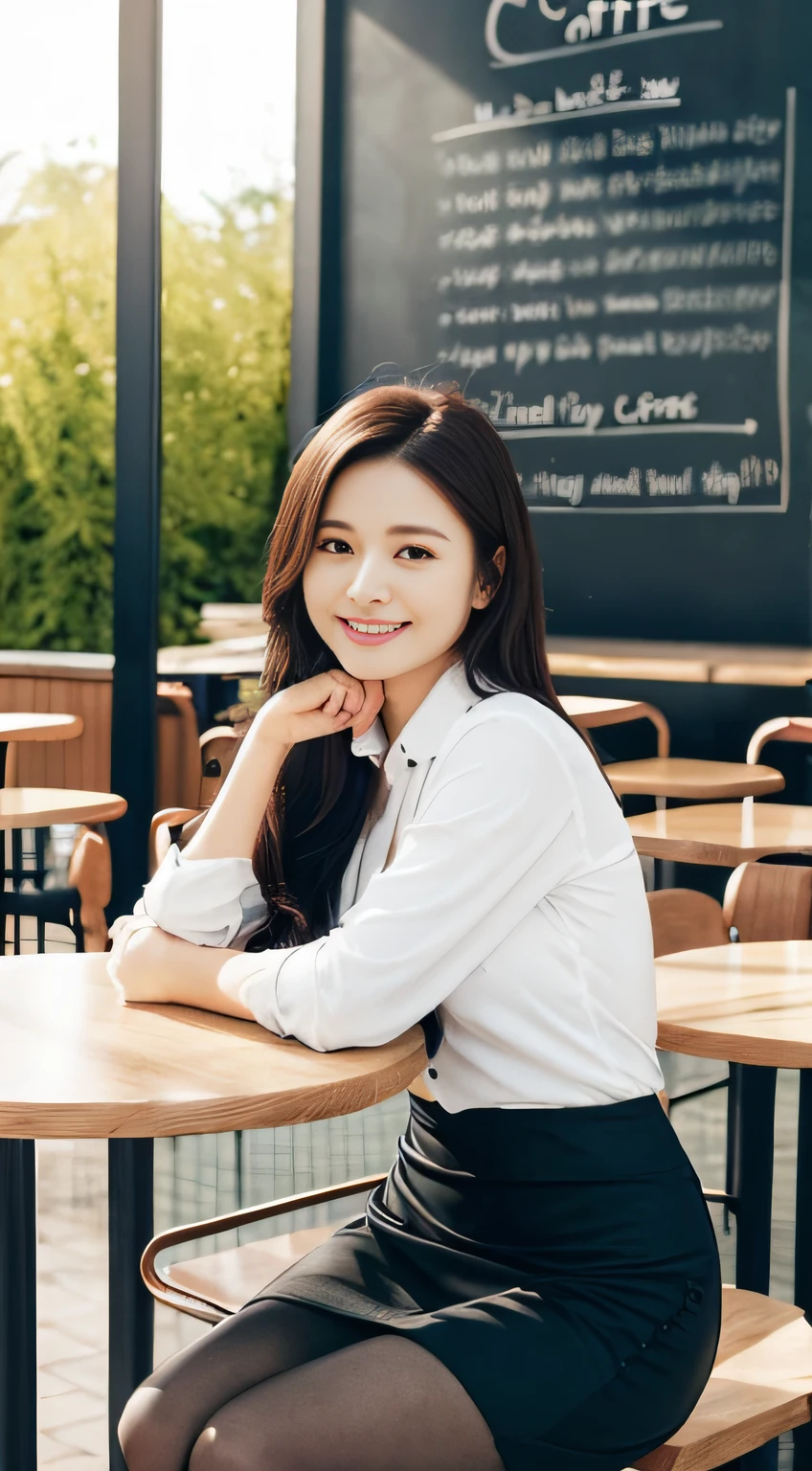 Super Fine Face, Delicate Eyes, Double Eyelids,(best quality:1.3), (masterpiece:1.1), high resolution, natural light, intricate details, (photorealistic), beautiful outside, sunny, ultra fine face,(in cafe:1.5) , dimples, detailed trees, pencil skirt, high-waist skirt, sitting, pantyhose, smile, head rest , slender,