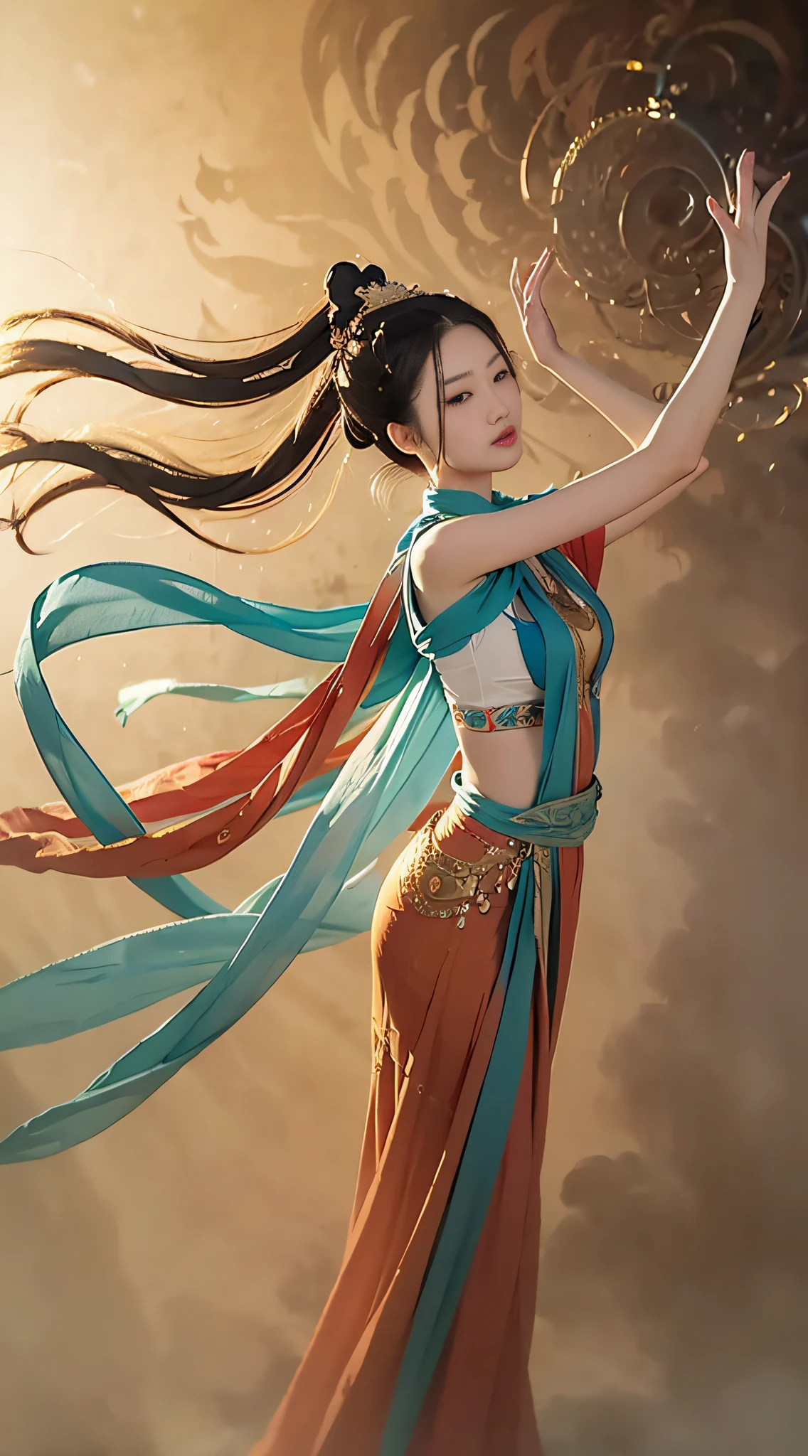 1girls,Dunhuang flying action,Beautiful flying dance,Fly in mid-air,Long messy hair,Dunhuang style,Immortal air pervades,Exquisite,elegant colors,Lifelike,high detaild,The Masterpiece,Ultra Verbose,dynamic angle,Dunhuang mural background,astonishing,cinematic lighting,illutstration,Contrast of light and shade,God Ray,Netherlands,best possible quality