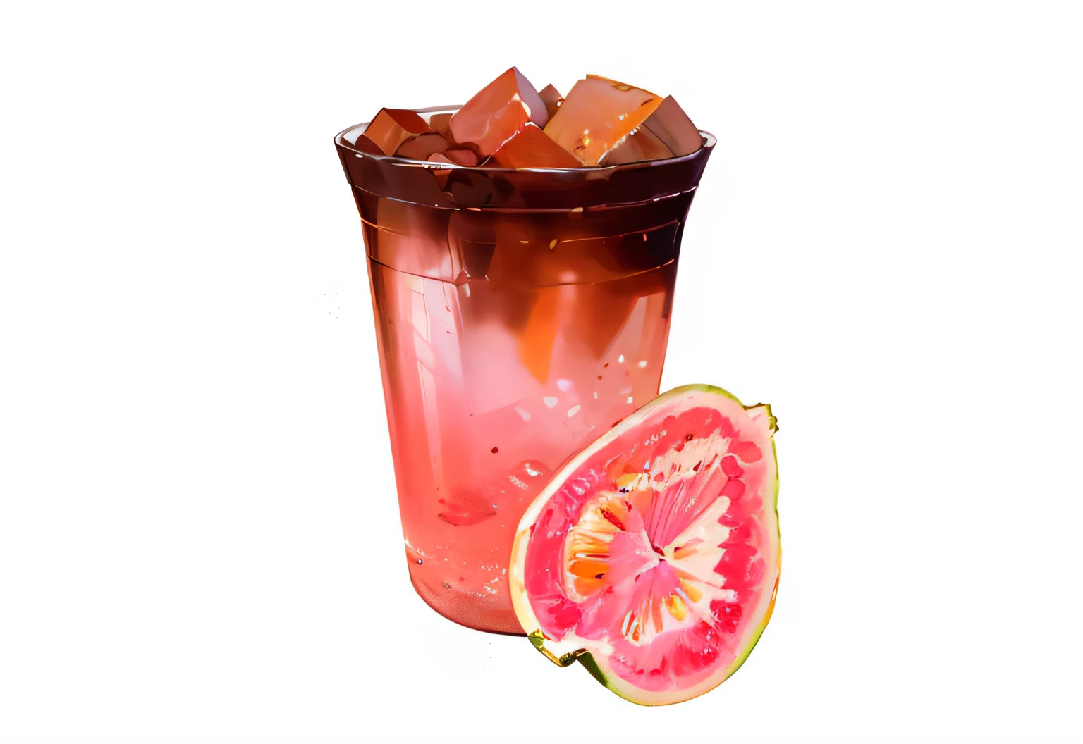 There is a glass of barlet and half a barlet, cold drink, photorealistic illustration, Handmade painting, Bale core, super realistic food picture, slush)), soda, Rendering, Stylized digital illustration, photorealistic illustration, rendered illustration, Drink, full color illustration, a digital rendering, hyperrealistic illustration, author：Kiichiro Ishikawa