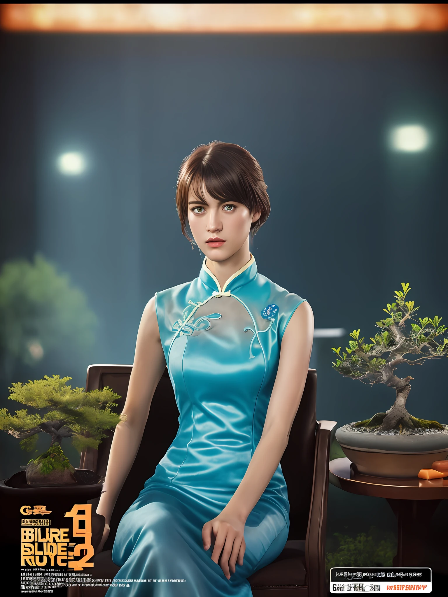 Mackenzie Davis from Blade Runner 2049, sits on a chair, (high-tech interior style and futurism), (poster:1.2), poster on wall, movie poster, (portrait), ((chinise qipao dress)), ((digital artifacts)),
( japanese rock garden and pond, bonsai), (movie poster),
((ultradetaled skin texture)), intricately detailed, fine details, hyperdetailed, raytracing, subsurface scattering, diffused soft lighting, shallow depth of field, by Oliver Wetter
rending on CGSociety, Intricate, High Detail, Sharp focus, dramatic, photorealistic painting art by ((greg rutkowski))