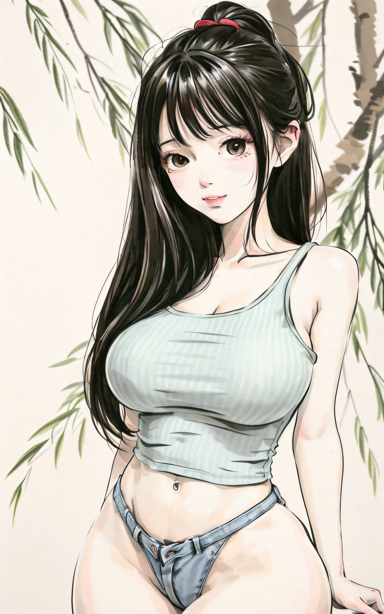 shukezouma, negative space, , shuimobysim , portrait of a woman standing , willow branches, (masterpiece, best quality:1.2), traditional chinese ink painting, modelshoot style, peaceful, (smile), looking at viewer, A girl in distressed white sleeveless top and distressed Low Rise Booty Denim Shorts, perfect body: 1.4, Slim abdomen: 1.2, gigantic breasts,