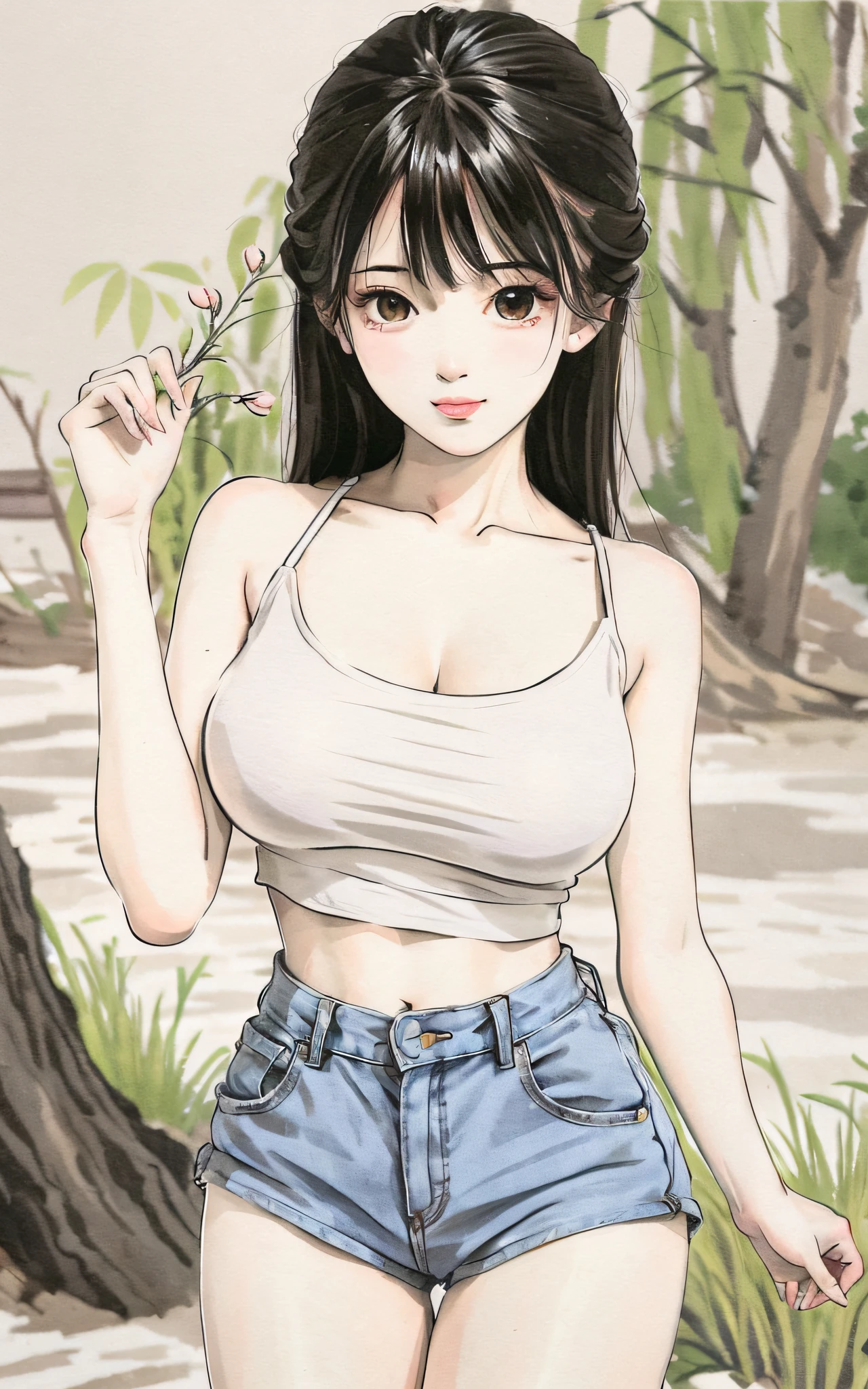 shukezouma, negative space, , shuimobysim , portrait of a woman standing , willow branches, (masterpiece, best quality:1.2), traditional chinese ink painting, modelshoot style, peaceful, (smile), looking at viewer, A girl in distressed white sleeveless top and distressed Low Rise Booty Denim Shorts, perfect body: 1.4, Slim abdomen: 1.2, gigantic breasts,