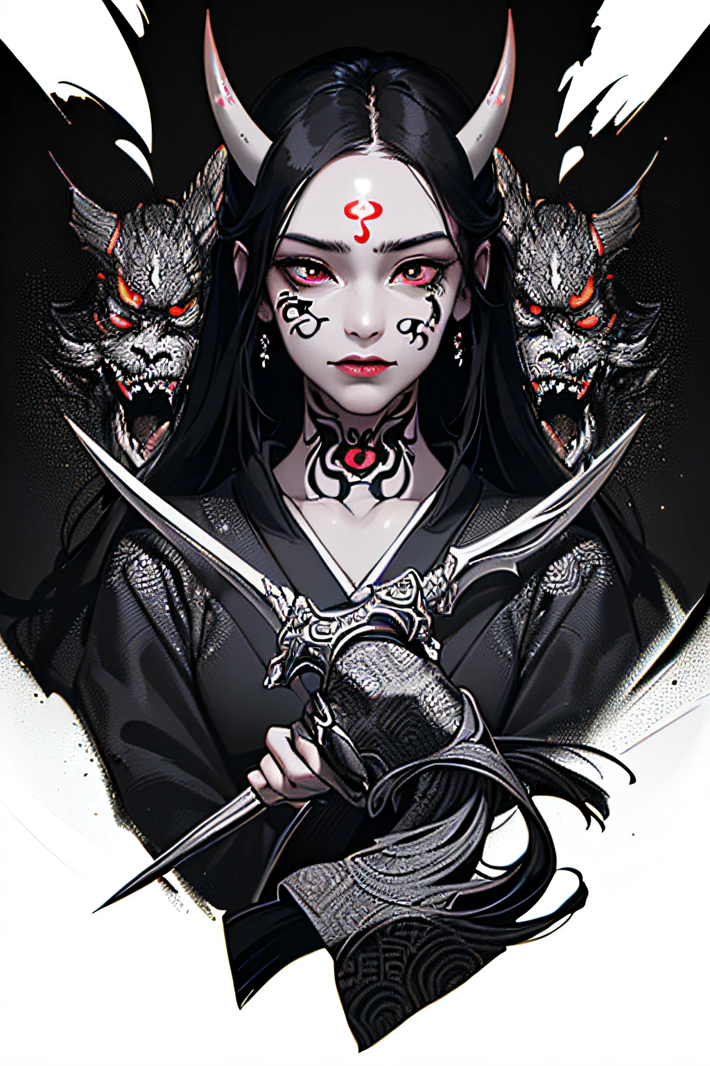 (photorealistic:1.3), masterpiece, best quality, (intricate details:1.2), (scenery:1.3), beautiful face, (black theme:1.3), 
(((1girl, a girl in patterned kimono holding a dagger in her hand, (look at veiwer:1.3), (face tattoo:1.2), small oni horn, 
))), full body, split in half