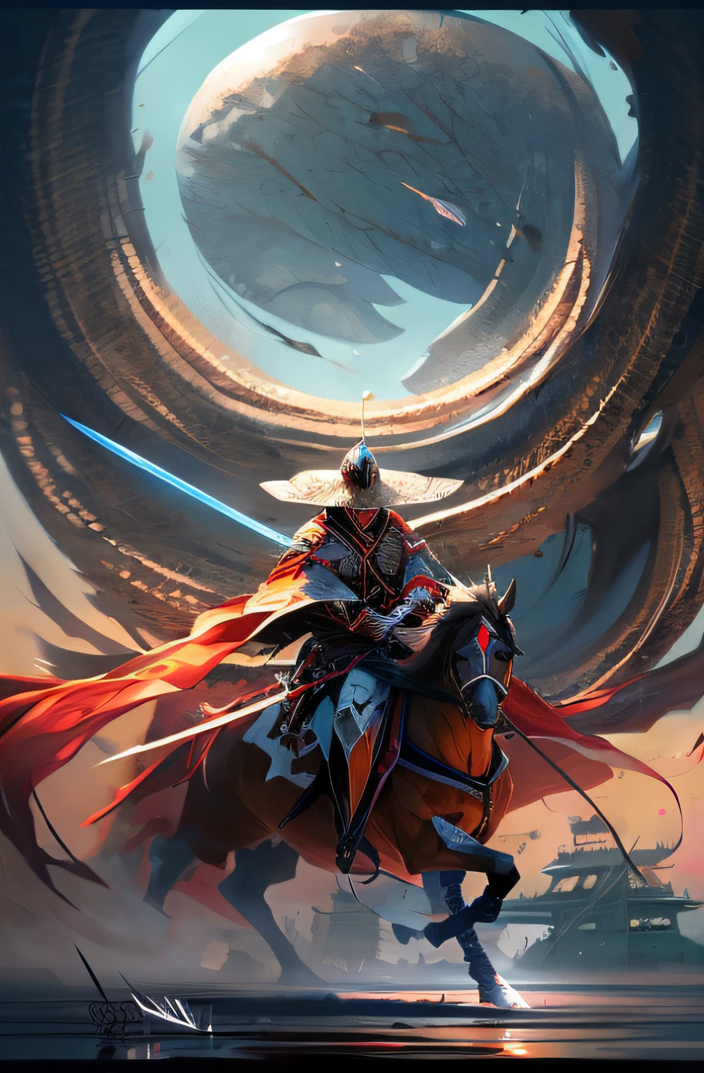 Anime characters ride horses，There is a large black circle in the background, a beautiful artwork illustration, stunning digital illustration, Wuxia, by Yang J, Guan yu, Anime epic artwork, epic fantasy digital art style, 4k manga wallpapers, G Liulian art style, comic cover art, the rider carries a large sword, epic digital art illustration