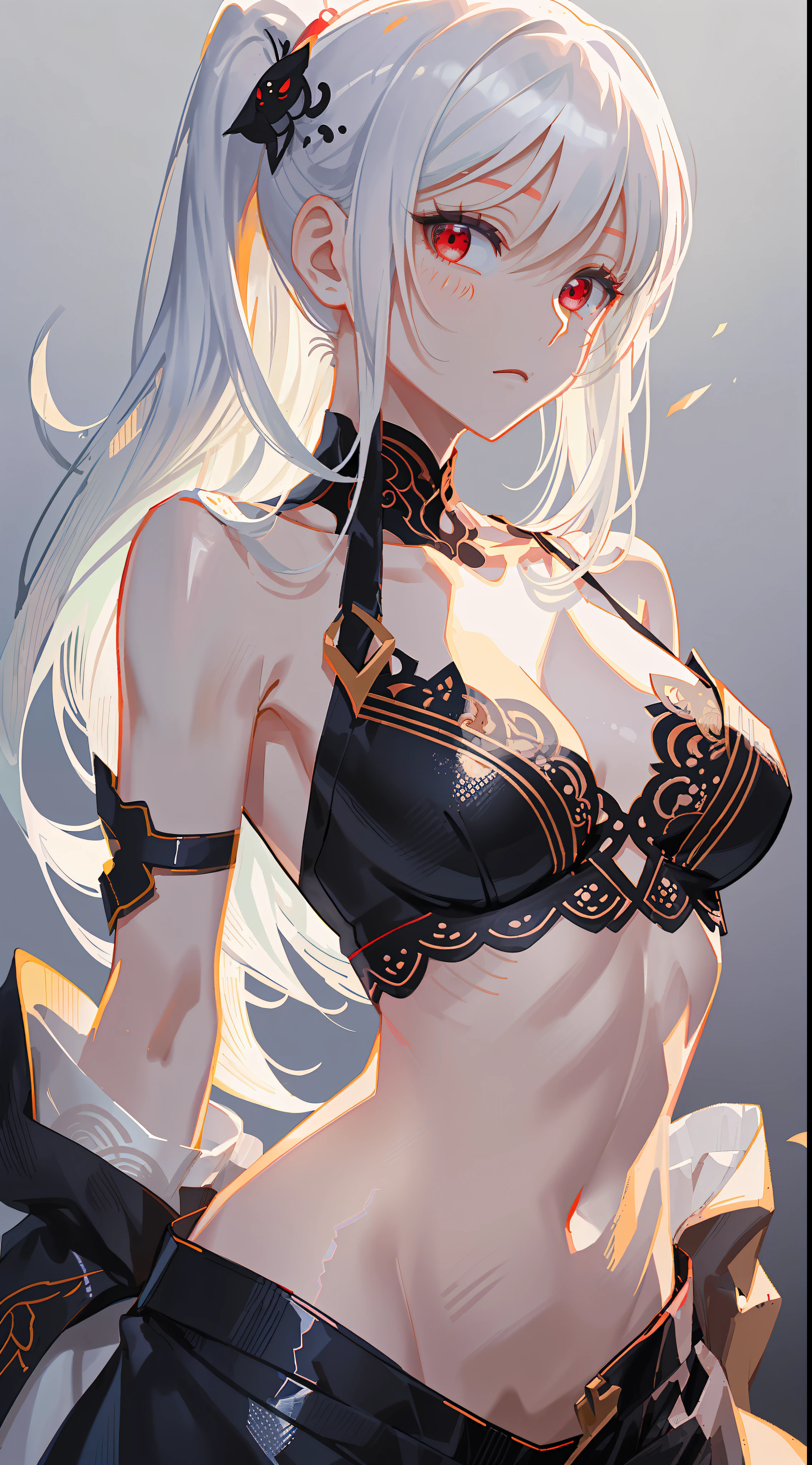 cropped torso upper body,Perfect female body,side pony tail,White hair,Red eyes,arms behind her back，Stand，fcollarbone，fnaked，Medium breasts，((White background)),(((detailed manga illustration))),(((intricated detailed))),masterece-piece