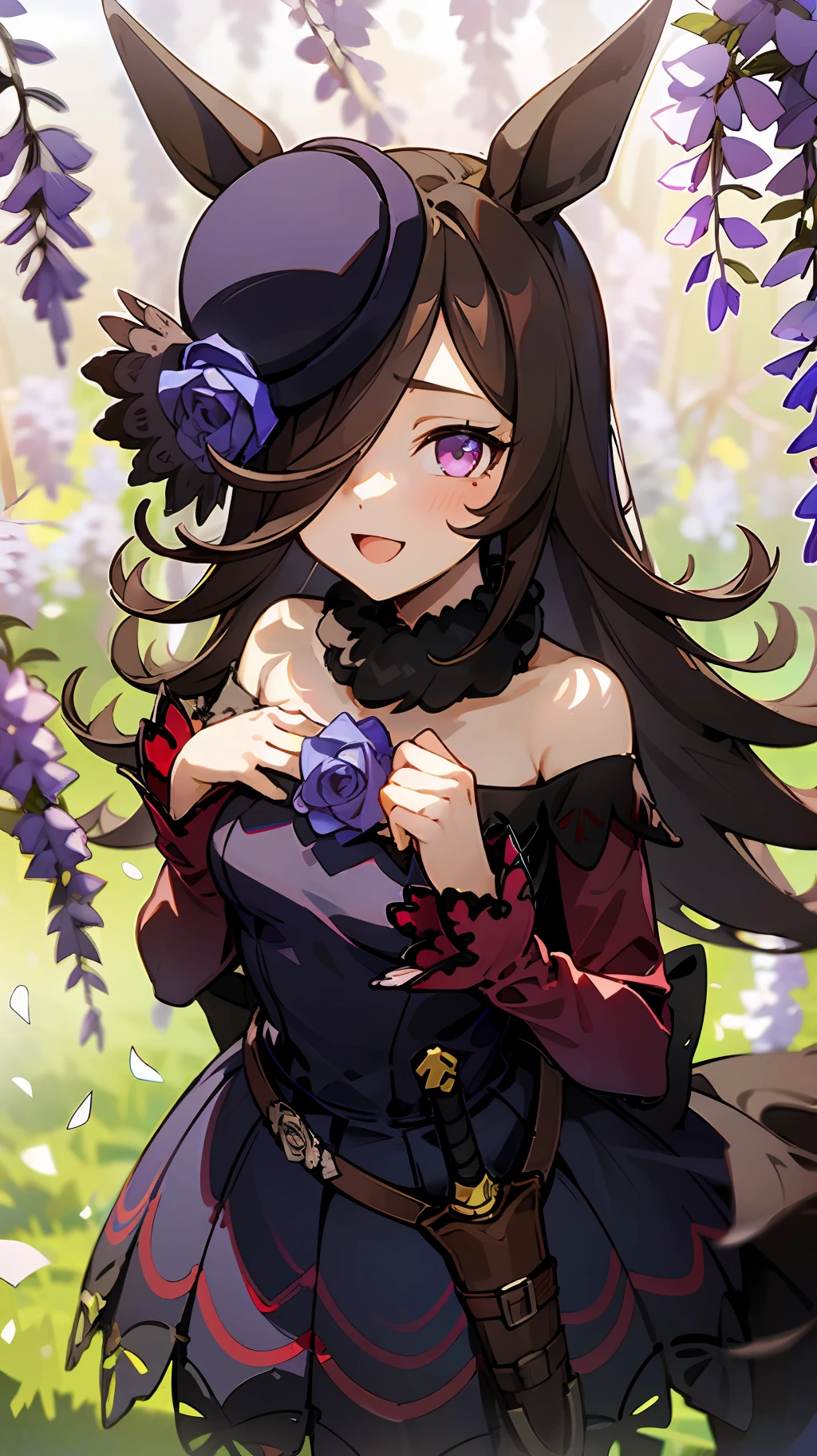 rice shower(umamusume),1girl,wisteria trellis,a sunny day,angle of view bust up,smile,