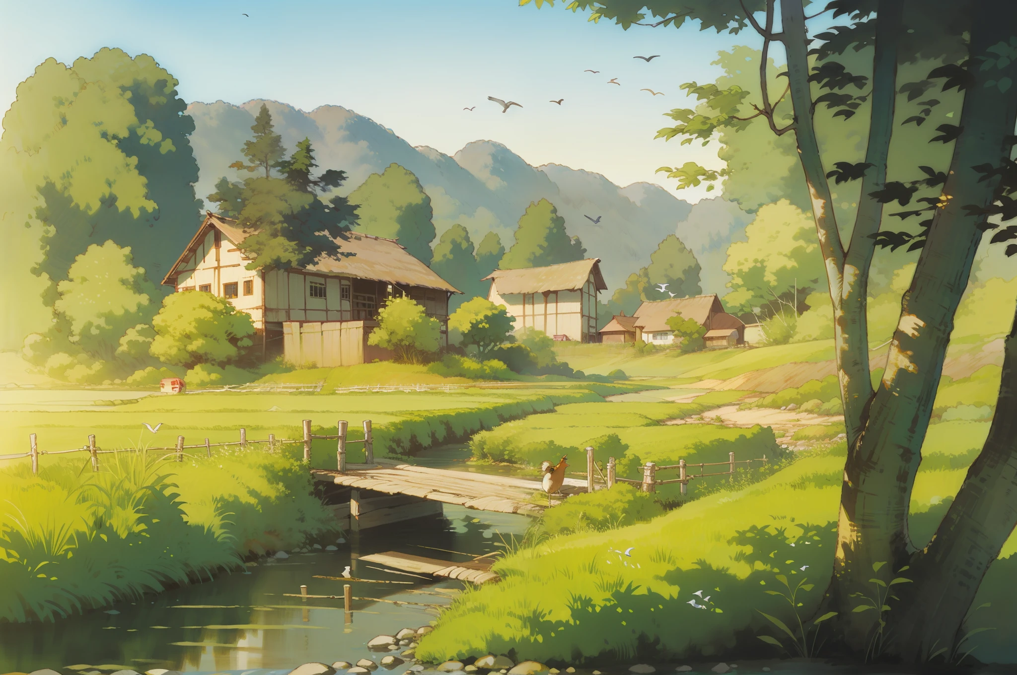 (((best quality))), small old farm house by a river, wooden bridge, birds, trees, reed