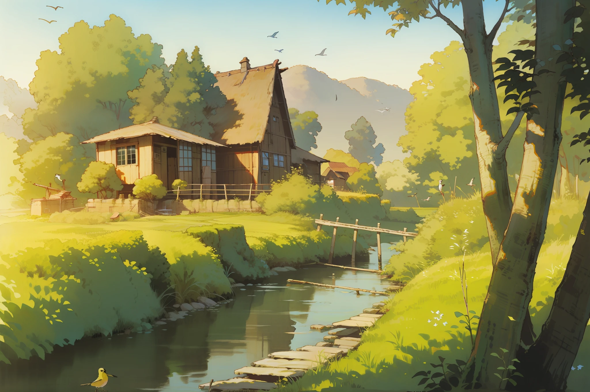 (((best quality))), small old farm house by a river, wooden bridge, birds, trees, reed