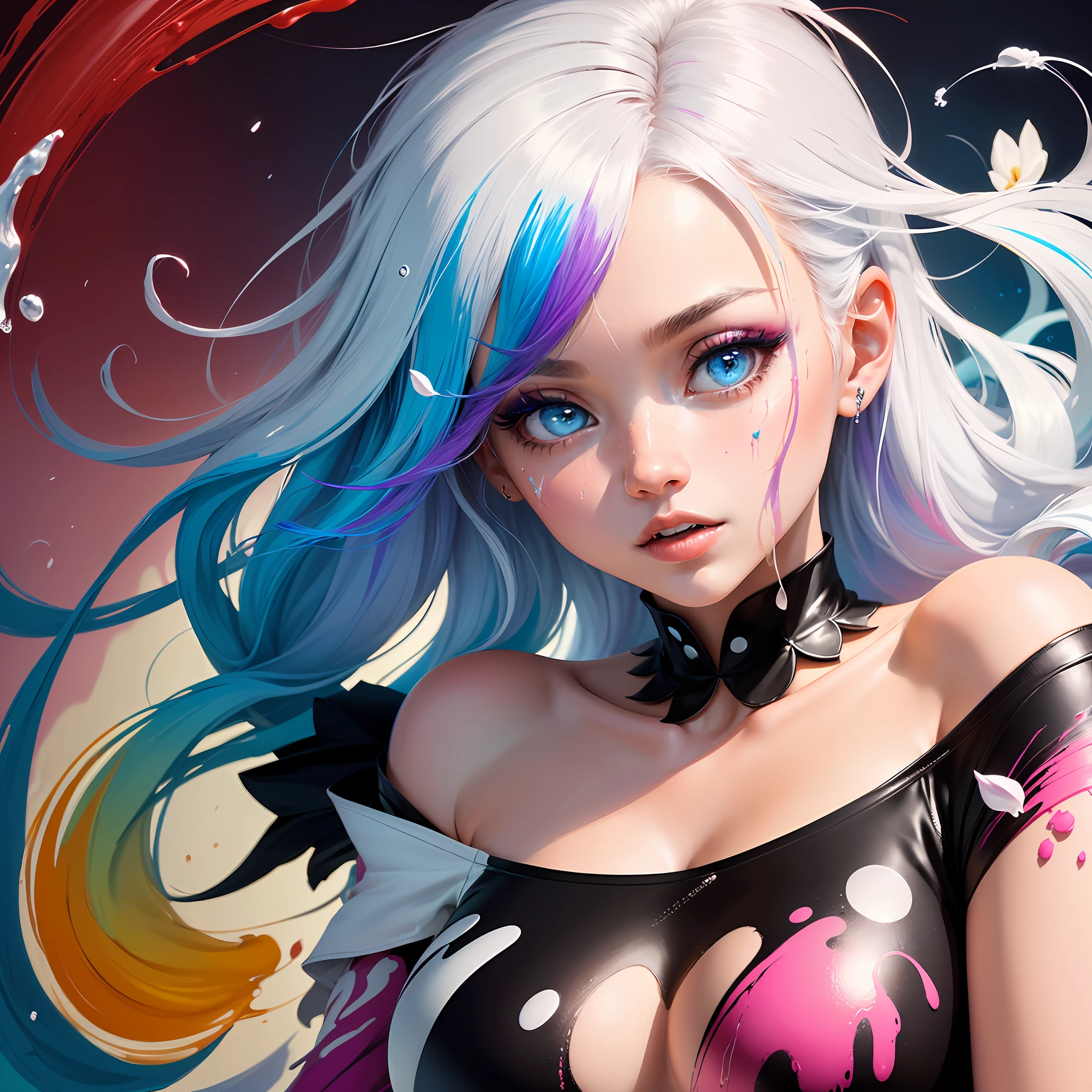 （Pink Fashion T-shirt：1.9），(Colorful hair: 1.8), (all the colours of the rainbow: 1.8),(((((vertical painting：1.6))), （painting：1.6），front, comics, illustrations, paintings, large eyes, crystal clear eyes,（ rainbow color gradient high ponytail：1.7）, exquisite makeup, closed mouth,(Small Fresh: 1.5),(Wipe Chest: 1.6) ，long eyelashes, white off shoulder T-shirt,  White Shoulder Shirt，looking at the audience, large watery eyes, (rainbow colored hair：1.6), color splash, （solo：1.8）, color splash, color explosion, thick paint style, messy lines, ((shining))，(colorful), (colorful), (colorful), colorful, Thick Paint Style, (Splash) (Color Splash), Vertical Painting, Upper Body, Paint Splash, Acrylic Pigment, Gradient, Paint, Highest Image Quality, Highest Quality, Masterpiece, Solo, Depth of Field, Face Paint,  colorful clothes, (Elegant: 1.2), gorgeous,long hair, wind, (Elegant: 1.3), (Petals: 1.4)，(((masterpiece))),(((best quality))),((ultra-detailed)),(illustration),(dynamic angle),((floating)),(paint),((disheveled hair)),(solo),(1girl) , (((detailed anima face))),((beautiful detailed face)),collar,bare shoulders,white hair, ((colorful hair)),((streaked hair)),beautiful detailed eyes,(Gradient color eyes),(((colorful eyes))),(((colorful background))),(((high saturation))),(((surrounded by colorful splashes))), --auto