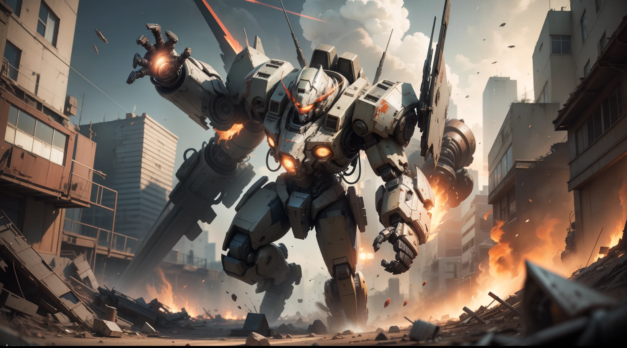 Look up at the perspective,(Digital artwork:1.3)(a sketch:1.1)Octane renders a wasteland,weed,Dilapidated houses,macadam,Sunset,in crimson red,((A girl in a combat uniform stood in front of the badly damaged and broken mech)),(Stubborn),(Steadfast),(There is blood at the corner of the mouth),(Messy long hair flying),(((One arm of the mech was broken))),(Mars splashes),((Broken upper body mech,Dropped mech fragments)),(Exposed wires),((Mecha is depicted finely)),(((ultra fine))),Shoot at 8K resolution,Gasoline liquid,firelight,exploding,splash arts,Lithography in intricate details,(Light particles:1.2),(game concept:1.3),(deep of field:1.3),Global illumination,well detailed,Trends on ArtStation,Epic shooting,Cinematic lighting