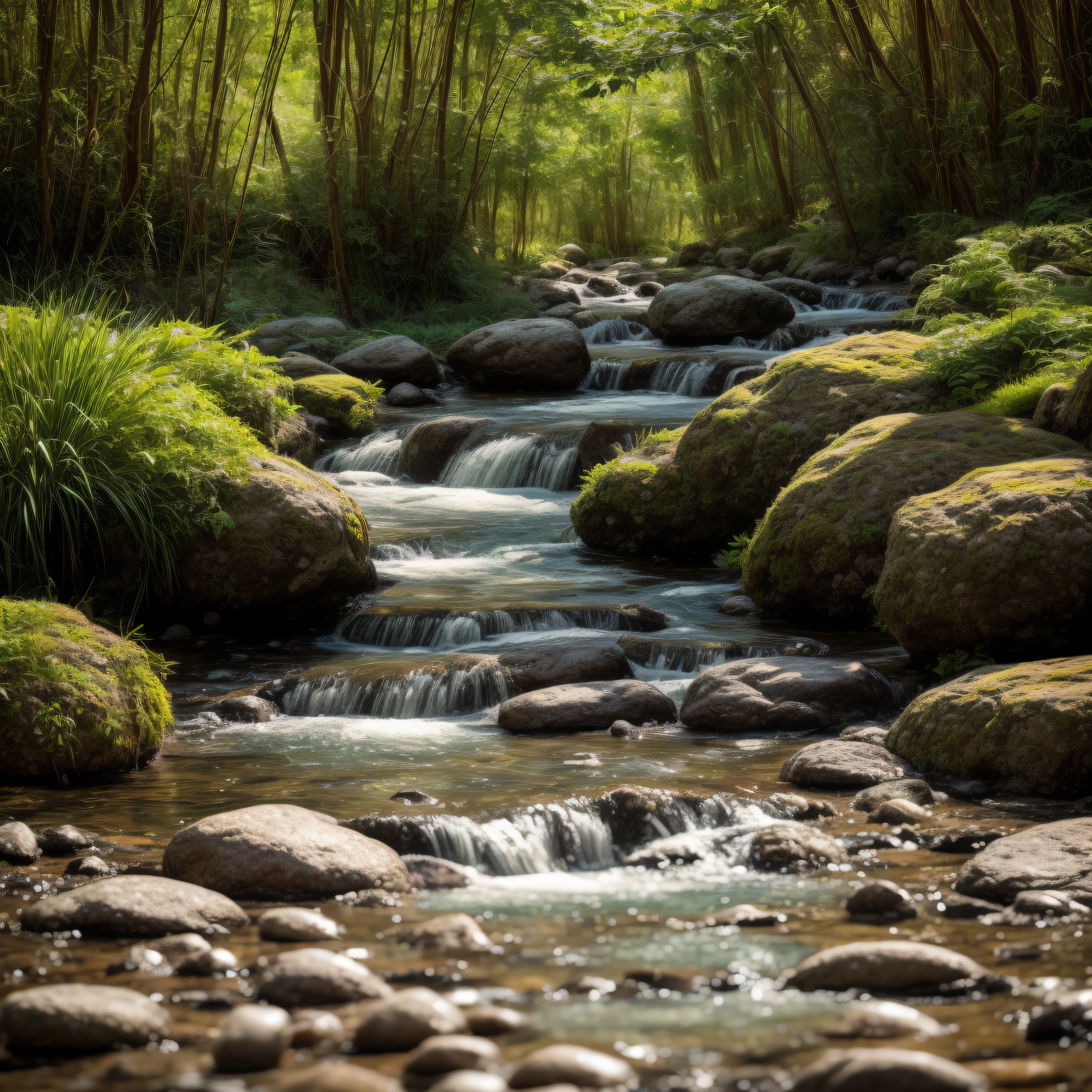 Photorealistic image of a verdant plain, cheia de luz, a stream of clear water running between the pebbles, high-definition