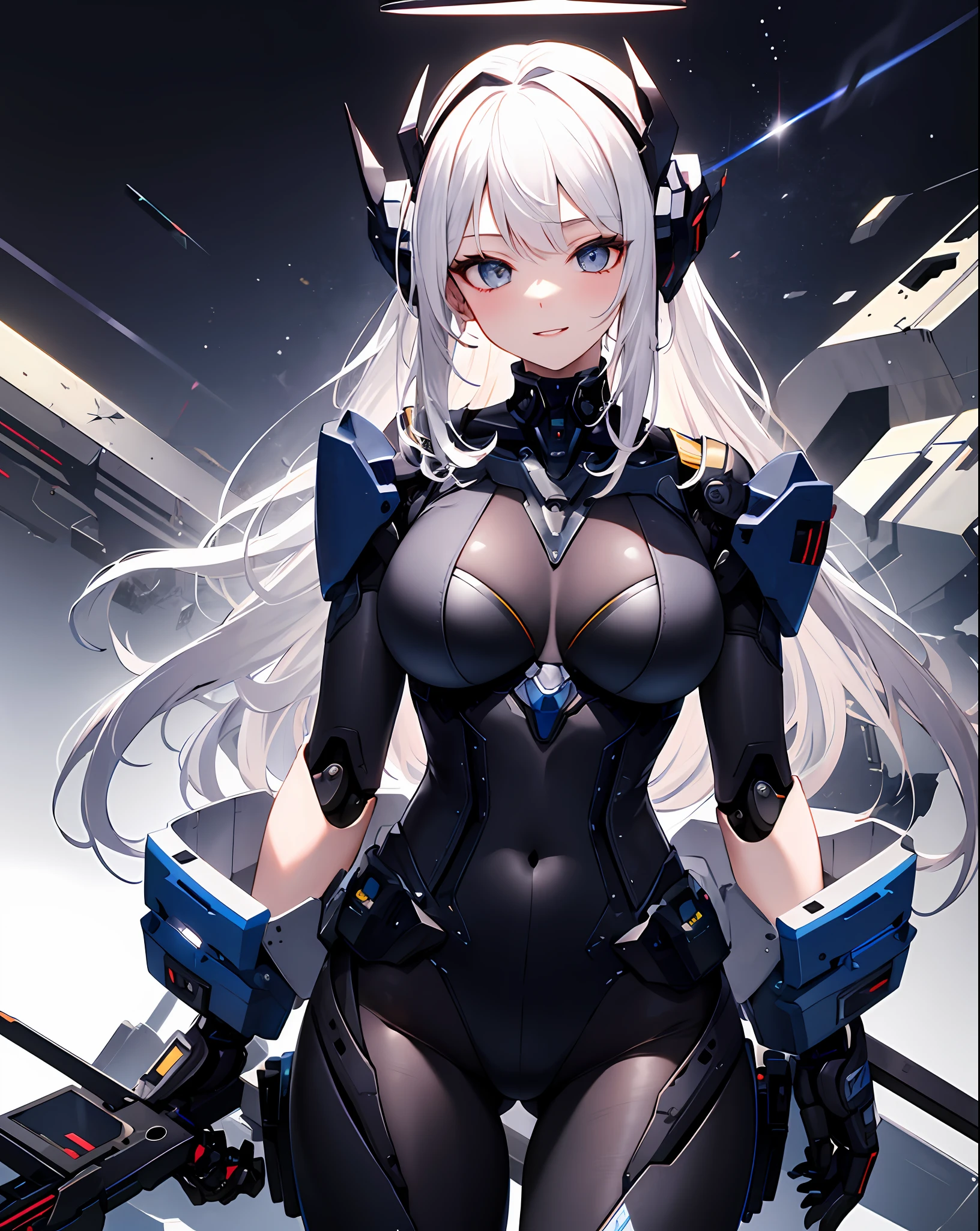 The Masterpiece,best qulity,Ultra Verbose,very detailed illustration,greatly detailed,complicated detail,high - resolution,super complex details,Very detailed 8k CG wallpaper,cowboy lens,Caustics,glint,raytraced,demontheme,nebulae,darkness aura,cyber effect,(1girl:1.4),solo,alone,mecha musume,mechanical parts,robot joints,single mechanical arm,headgear,mechanical halo,star halo,electric mechanical bodysuit,mecha corset,kimono,full armor,very long hair,white hair , Sister next door,rpg,Secretarial uniform,Raise your eyebrows and smile,Full lip shape,High-heeledshoes,The expression is charming,Full breasts,erogenous,Succubus,Smooth skin,Beautiful curves,Coquettish,alluring,seduce,It's criminal
