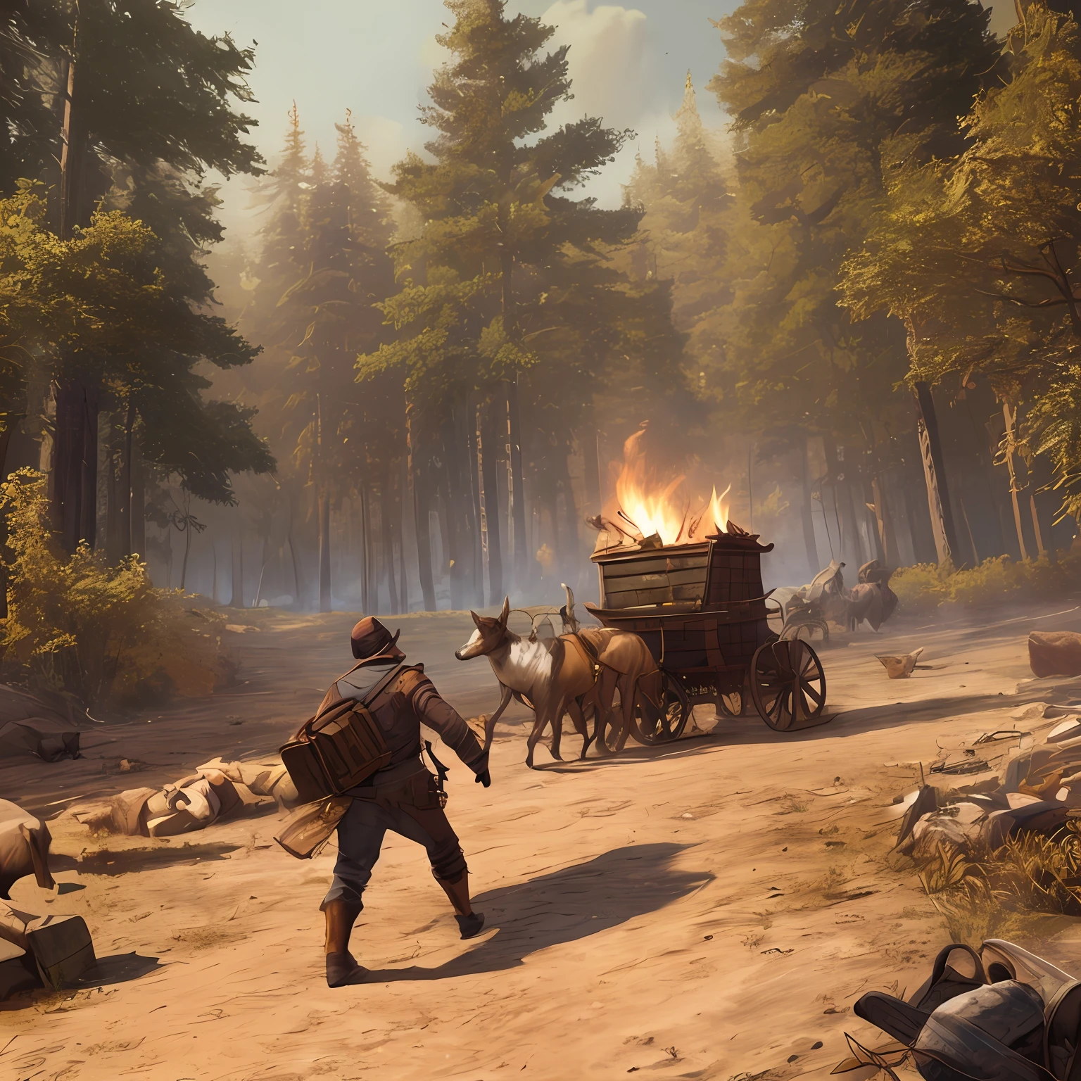 Um druida do rpg d&d 30 year old man in a fierce fight with wolves using poison blast next to a campfire and a cart pulled by 2 oxen near a forest in good quality and realism --auto