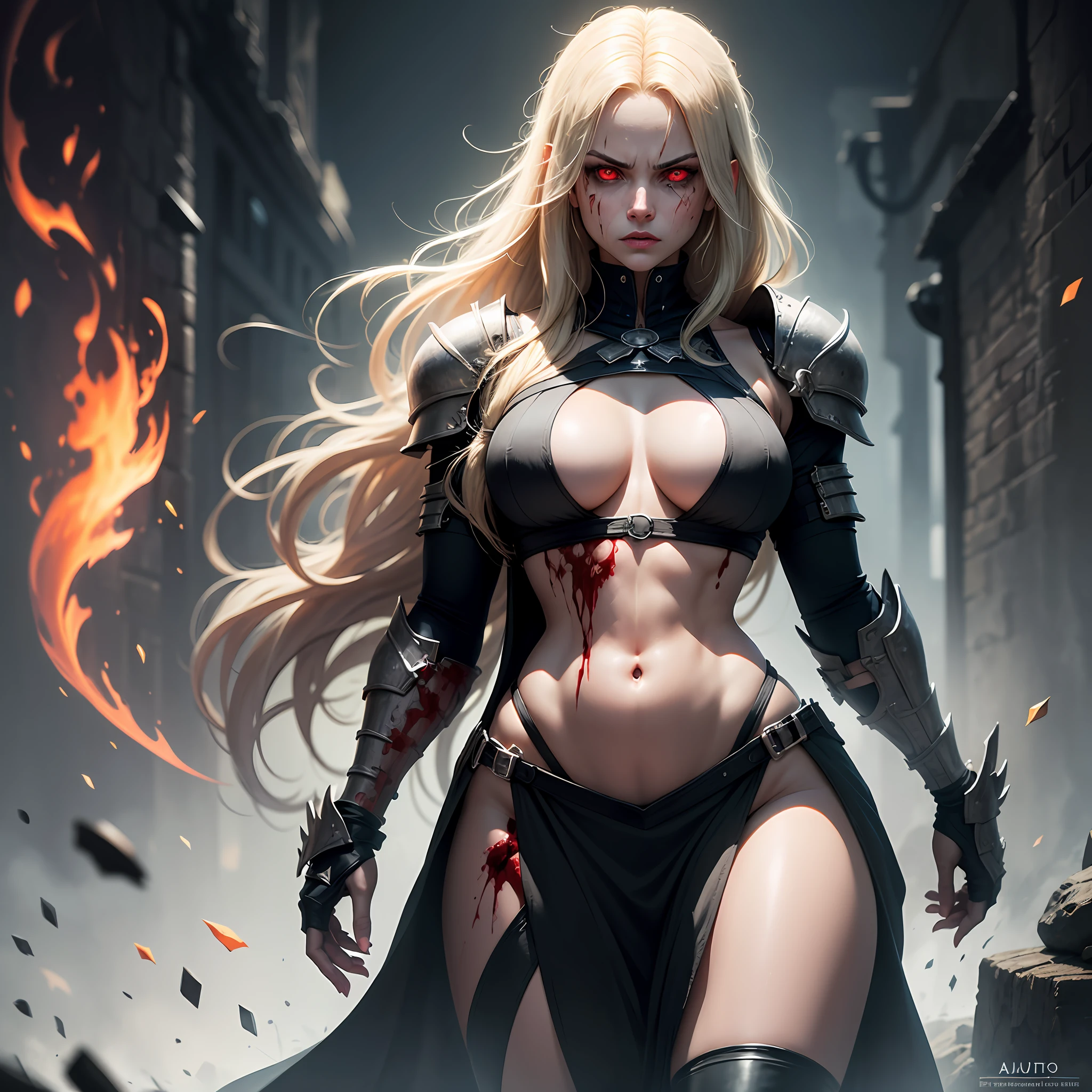 a young, blonde woman in a black body wrap, belly exposed, light armor, bare hands, with red eyes and an eerie, demonic gaze. She is wounded but defiant and strong, with a powerful presence and muscular figure. Behind her is a neutral, but vibrant background, highlighting her fierce spirit. She stands tall and powerful, despite having no weapons and being covered in blood. Her look suggests a killer instinct, and her muscles and glowing red eyes make her look dangerous and predatory. Dark Souls style 2D art, medieval, spirited, angry, killer instinct, SFW. --auto