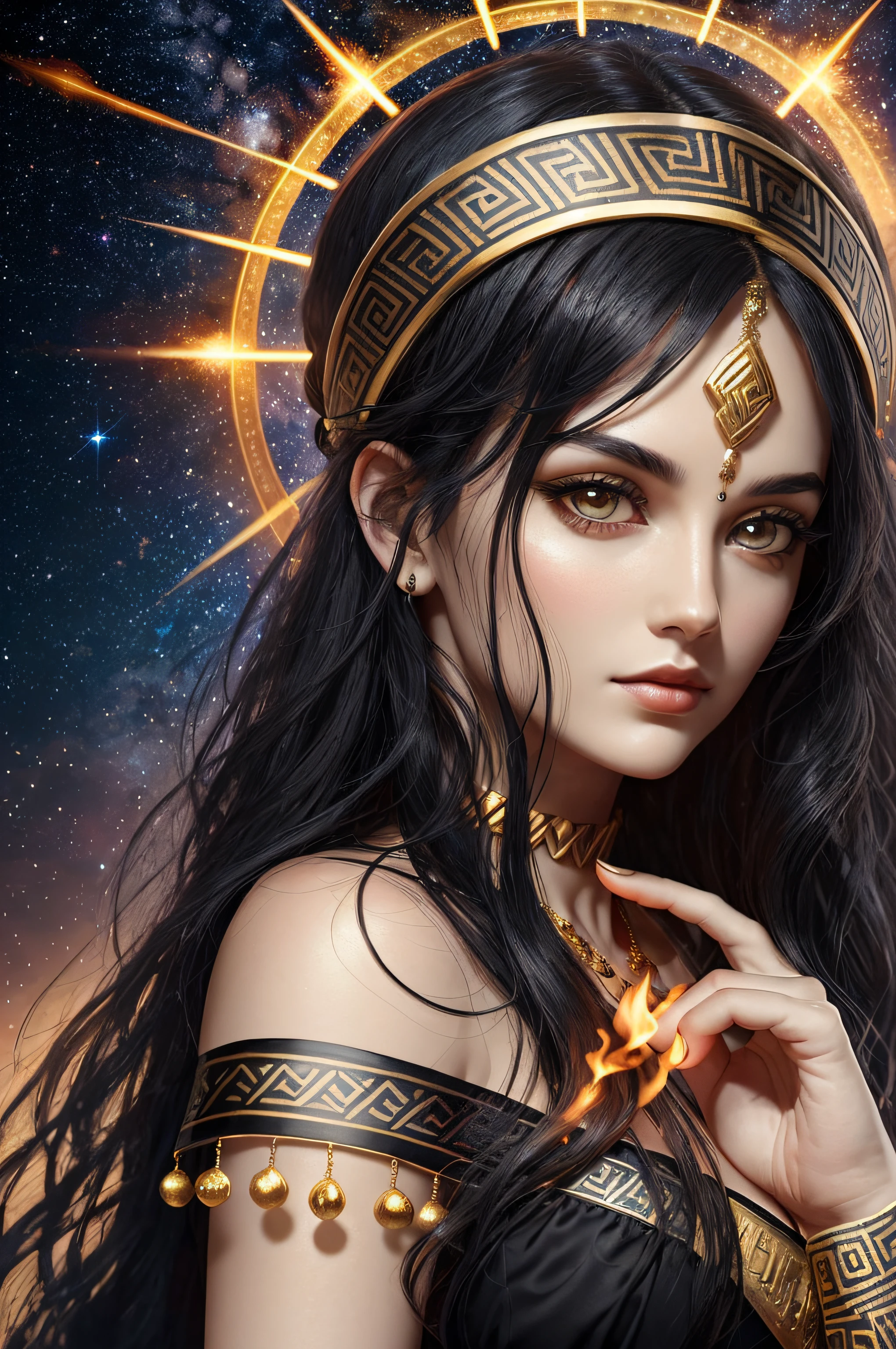 goddess of witchcraft and magic, with ((black hair)) and ((dark eyes)), is fair-skinned, wears a ((black)) greek toga with golden pattern, holding a torch, ancient greek temple and stary night sky in background, Greek mythology, mysterious, photorealistic, super high quality, super detail, ultra accurate description of hands, masterpiece, 8K, HDR