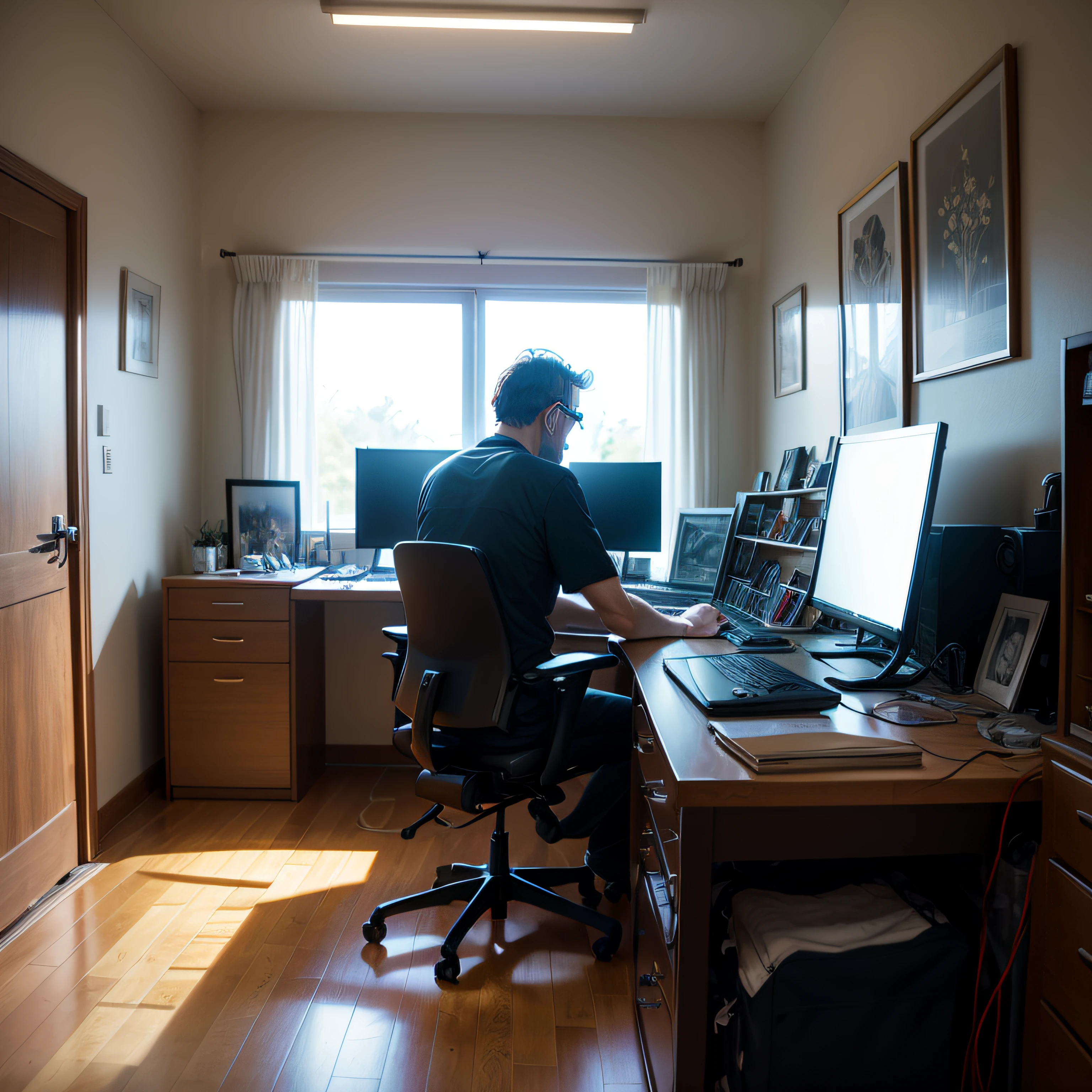 Professional studio photography with a man at the center of the image fiddling with a computer looking for rental properties, Destaques, Alto contraste, fotografia profissional, cinematic lighting, raios solares, nevoeiro, Ultra Detalhado, Ultra realista, esquema de cores complementares com azul predominante, Textura ultrarrealista, fied profundidade, Nikon Z8 --auto