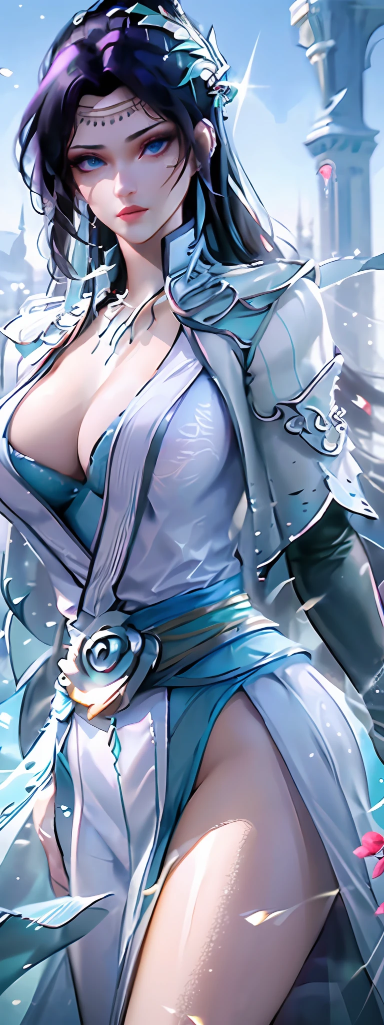 (Best quality, 4k, Masterpiece :1.3), beautiful woman, hyper realistic, 1girl, (massive , attractive body :1.2), Wallpaper HD, Standing on castle, ultra-detailed face, detailed lips, detailed eyes, double eyelid, sensual low-necked dress, open neckline, hanging , Walking pose, visible curves, transparent robe, muscular turned leg, shiny body