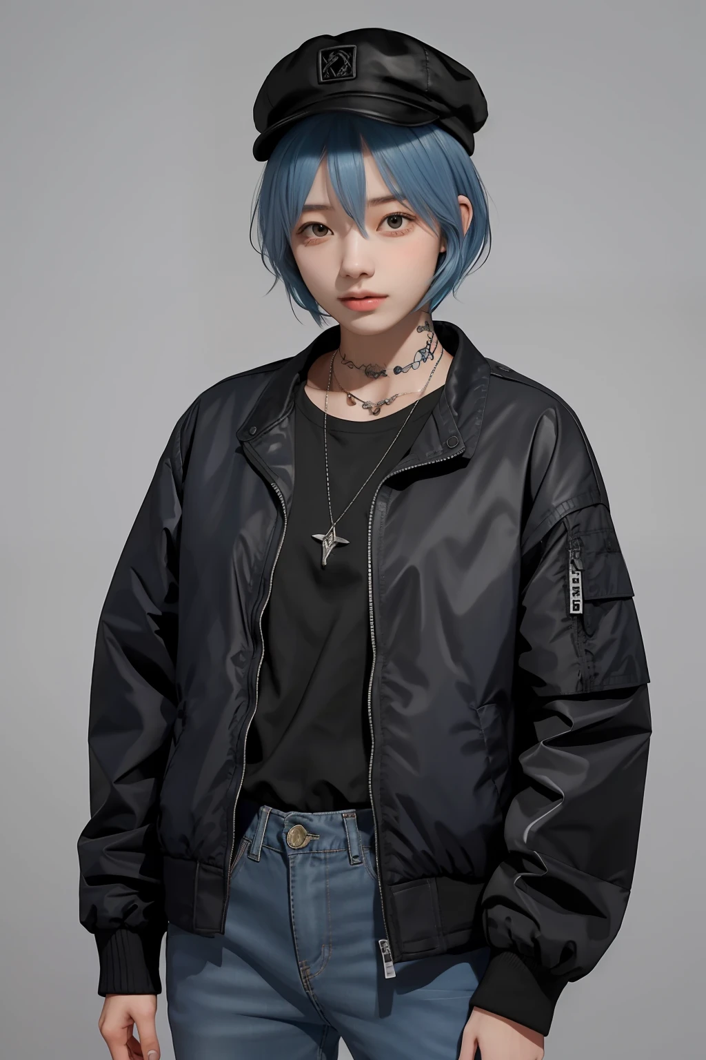 a young woman with short blue hair and a black hat, wearing a black jacket, with tattoos