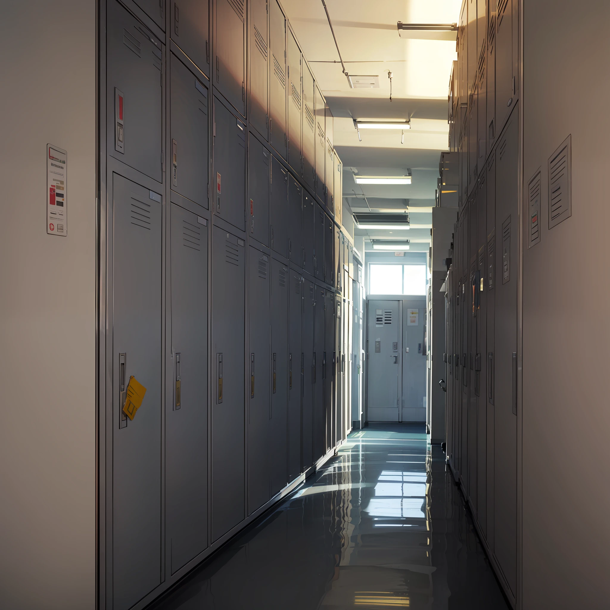 Corredor escolar, (corredor vazio), school lockers, luz entrando pelas janelas, corredor de frente --auto