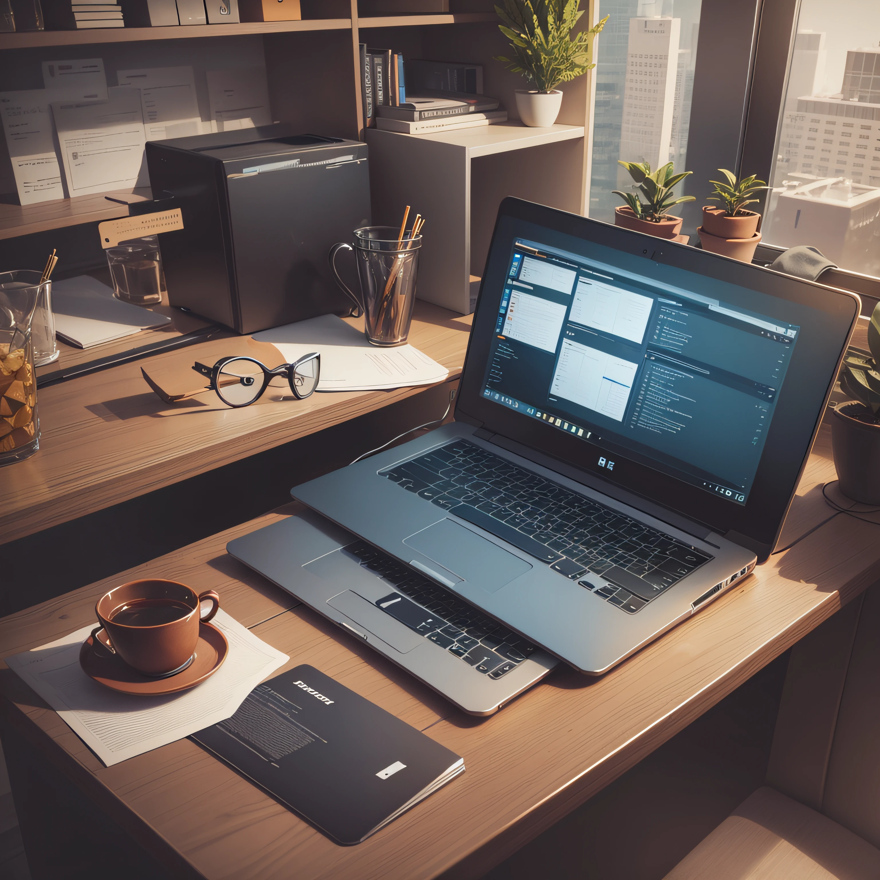 a designer's desk, angled top view, with a mackbook,ultra realistic photo,hyper detailed,8k --auto