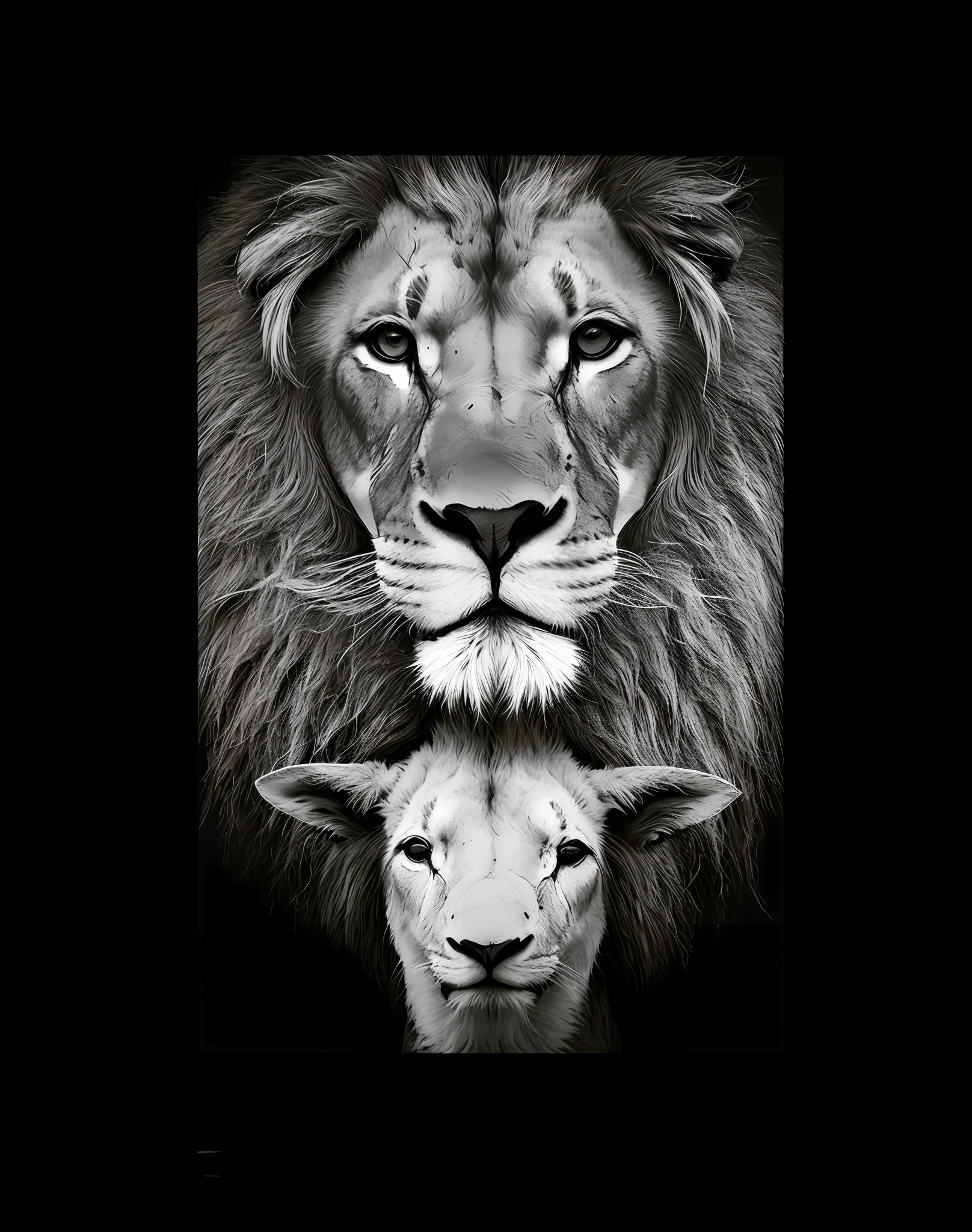 there is a lion and a lamb in a black and white photo, symmetric!!, lions, incredible art, symmetric!, High Definition Art, Directed by: Lambert Doomer, Directed by: Derek Zabrocki, olhar orgulhoso, Majestade, imagem de alta qualidade, lion head, bela obra-prima, lamb and goat fused as one, Directed by: Bernardo D'Andrea, symmetric