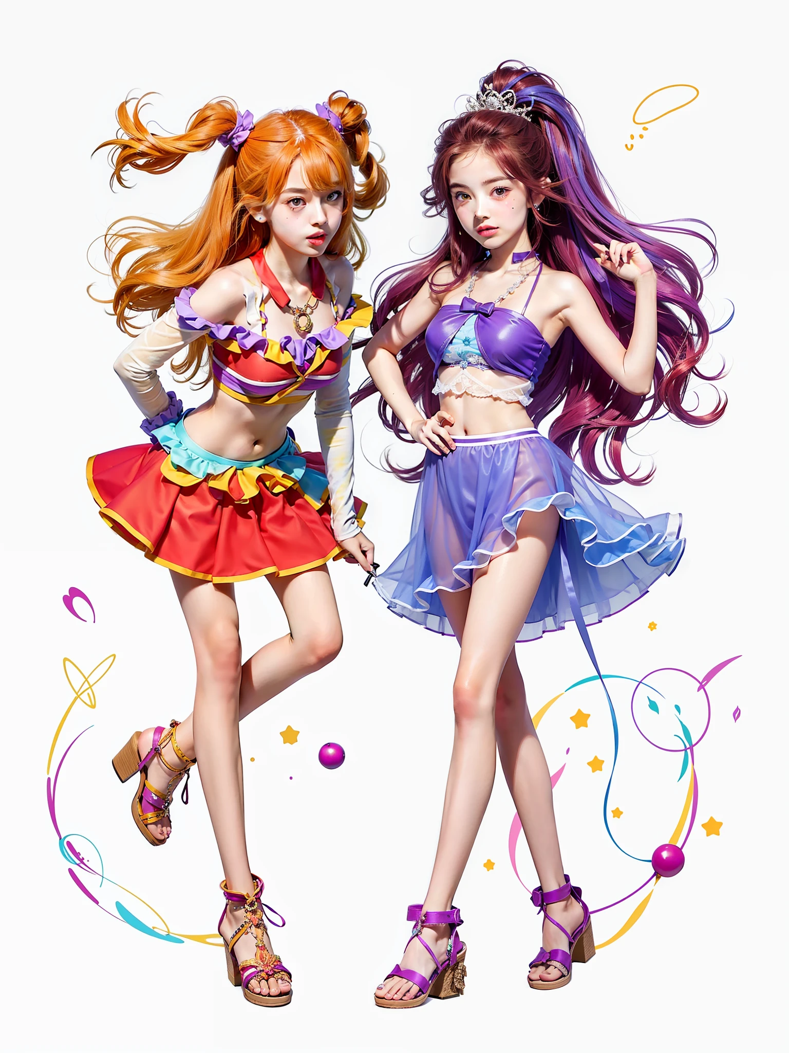 2 girls, orange hair, red dress, pop cute vibe, purple hair, blue dress, y cute vibe