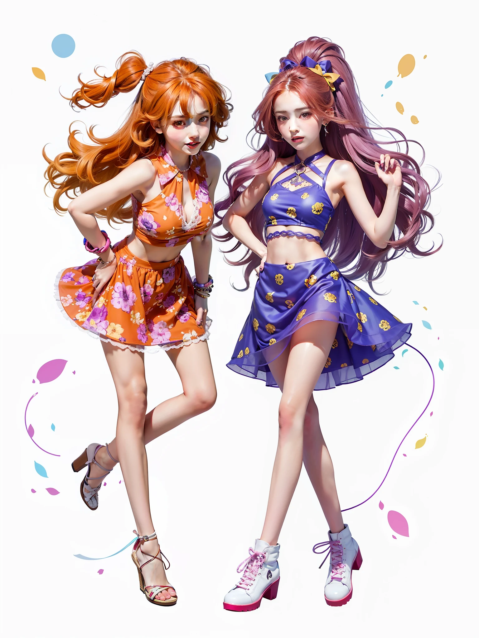 2 girls, orange hair, red dress, pop cute vibe, purple hair, blue dress, sexy cute vibe