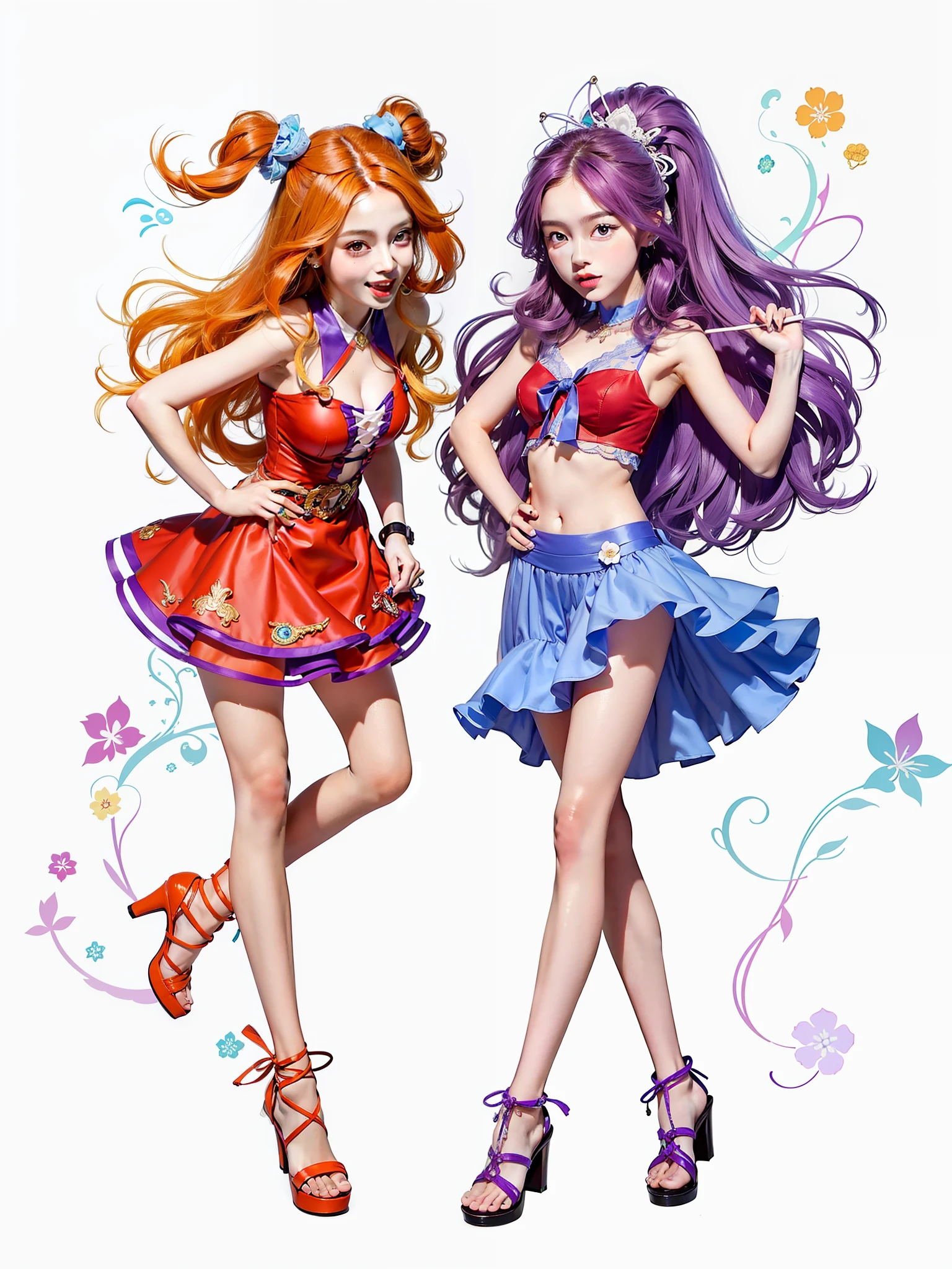 2 girls, orange hair, red dress, pop cute vibe, purple hair, blue dress, sexy cute vibe